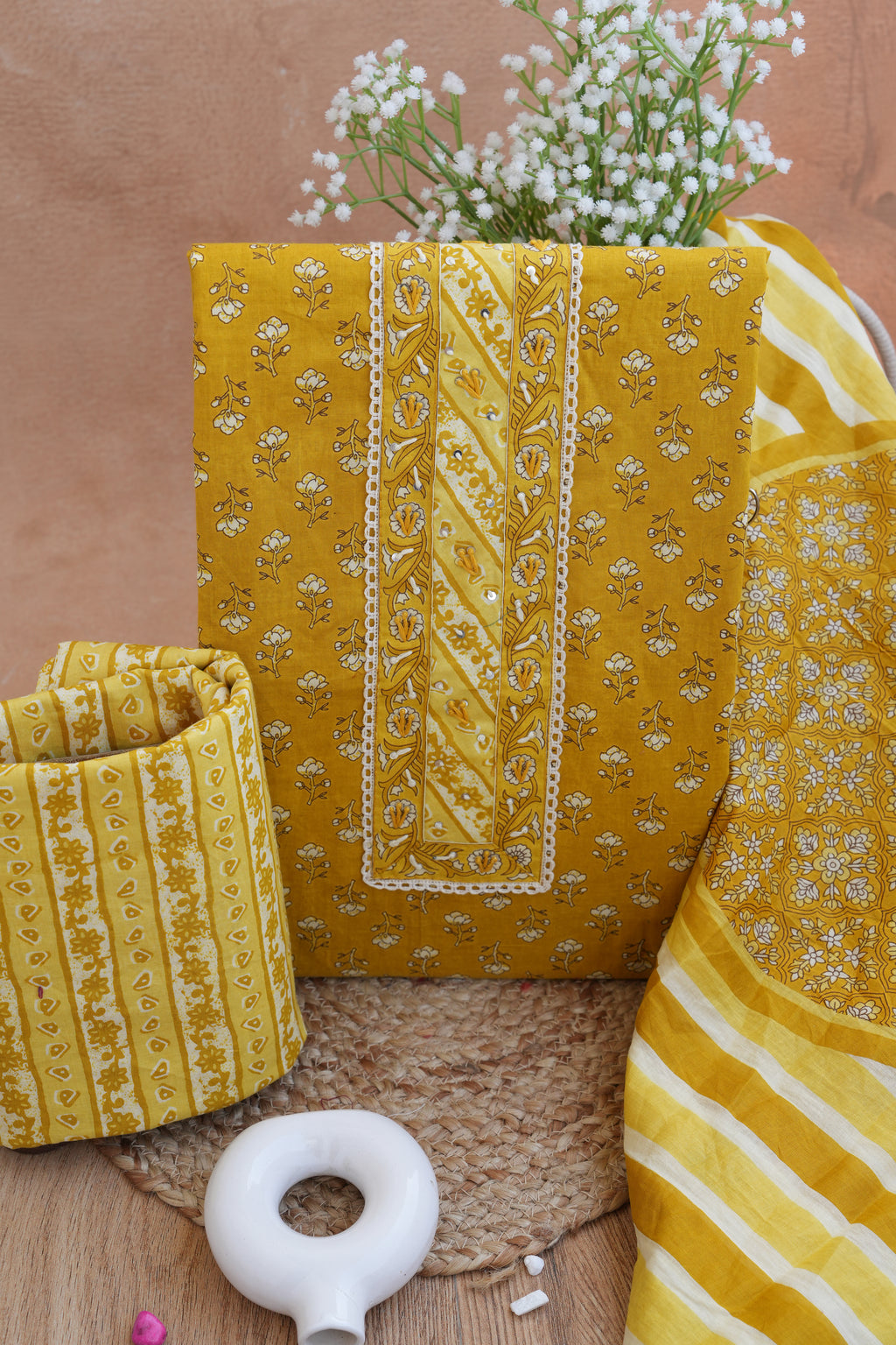 Gulbahar Mustard Gotta Patti Handblock Cotton Unstitched Suit Set- Atharva Jaipur