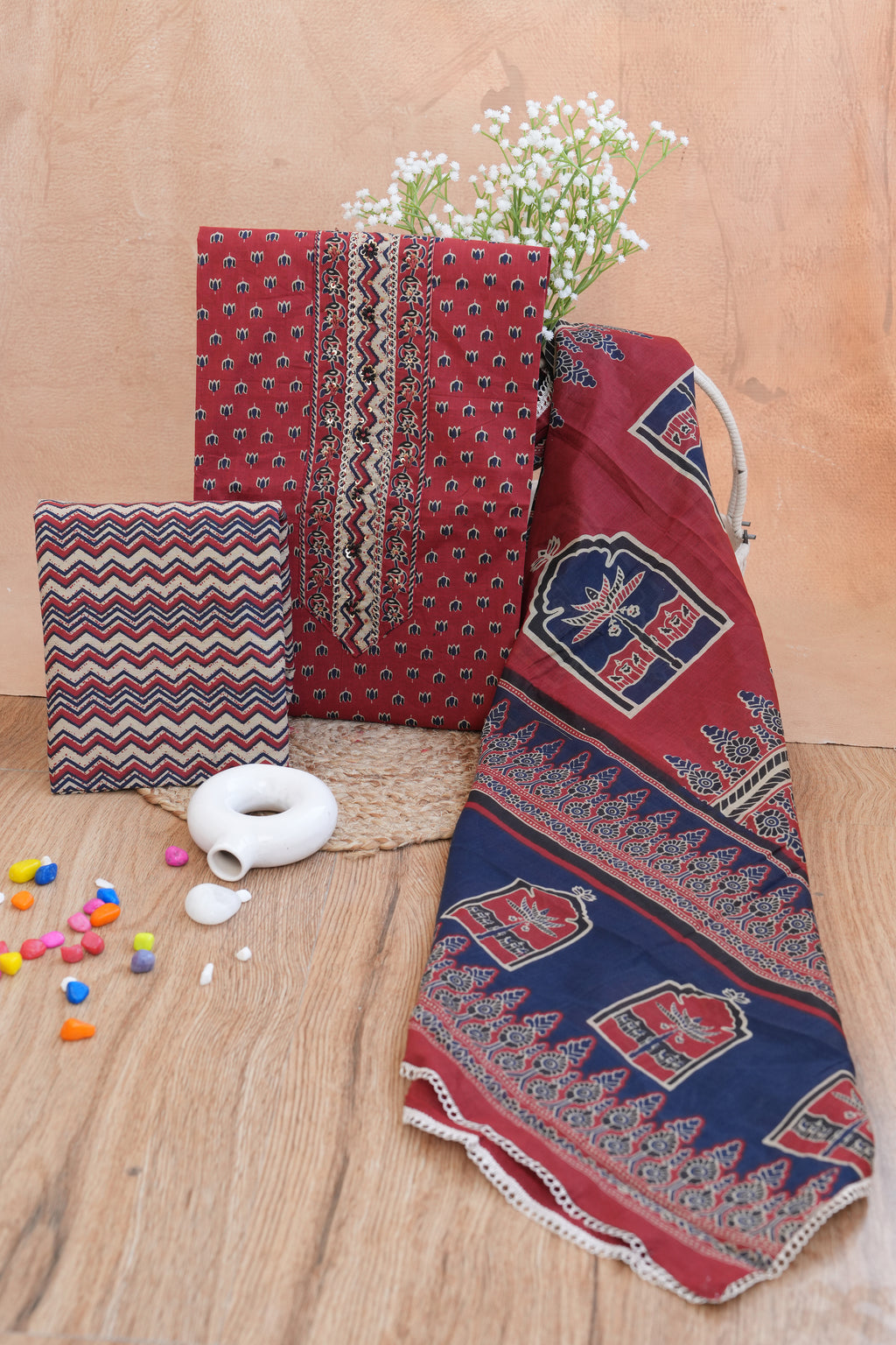 Maroon Gotta Patti Handblock Cotton Unstitched Suit Set with Dupatta – Atharva Jaipur