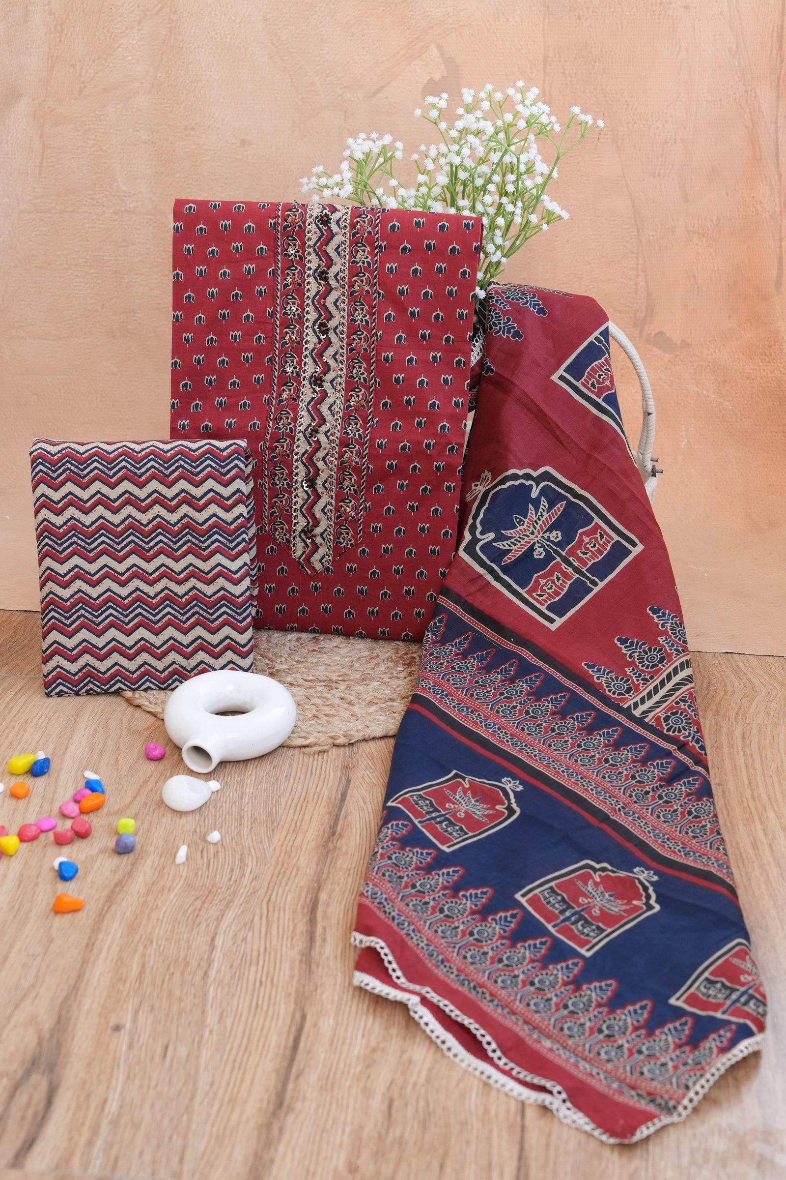 Maroon Gotta Patti Handblock Cotton Unstitched Suit Set with Dupatta – Atharva Jaipur