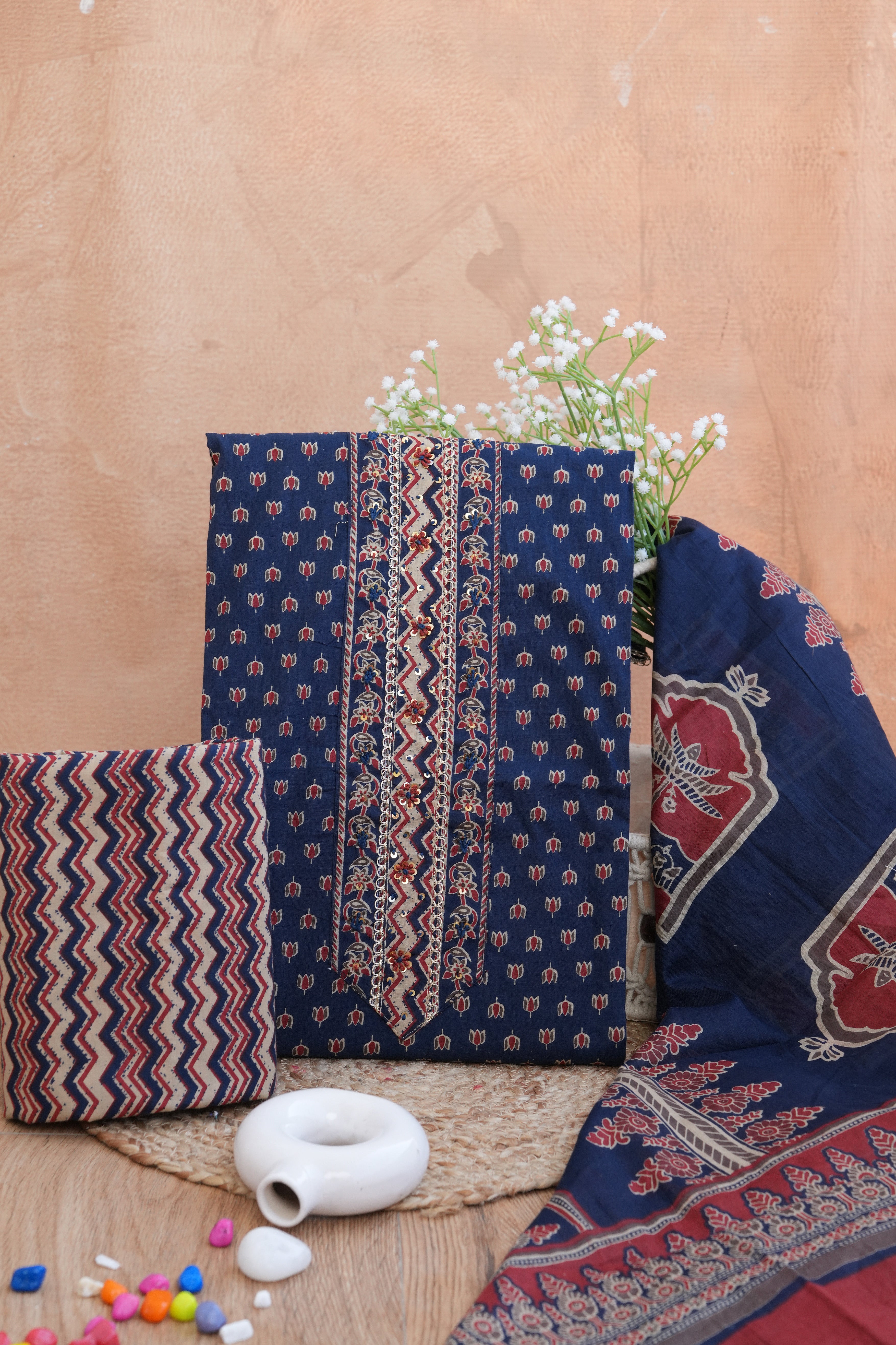 Maroon Gotta Patti Handblock Cotton Unstitched Suit Set with Dupatta – Atharva Jaipur