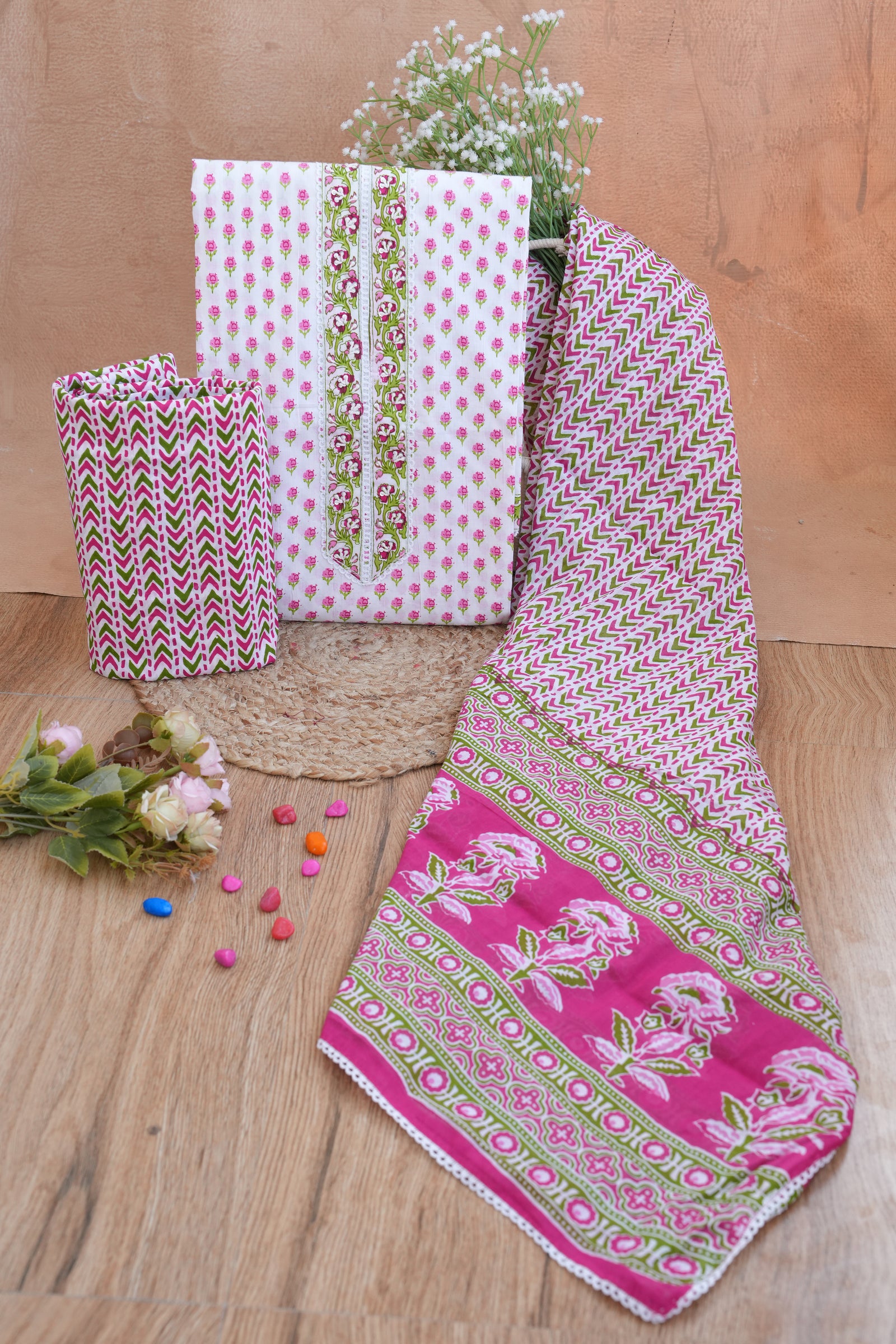 Pink Floral Gotta Patti Handblock Cotton Unstitched Suit Set with Dupatta – Atharva Jaipur