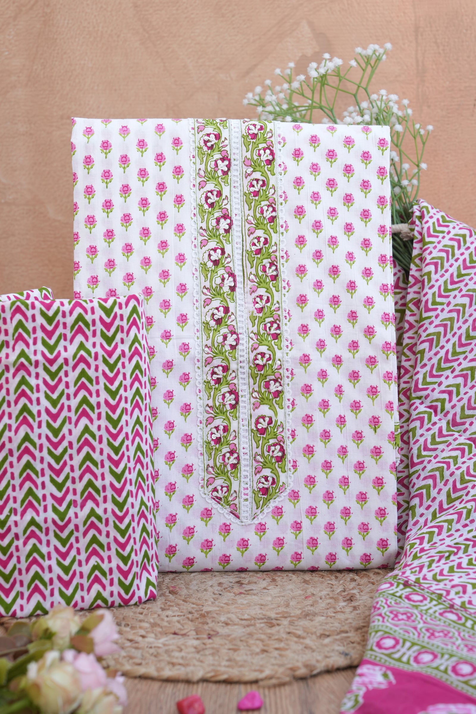 Pink Floral Gotta Patti Handblock Cotton Unstitched Suit Set with Dupatta – Atharva Jaipur