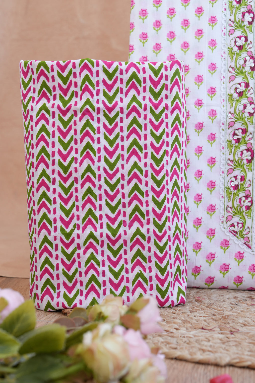 Pink Floral Gotta Patti Handblock Cotton Unstitched Suit Set with Dupatta – Atharva Jaipur
