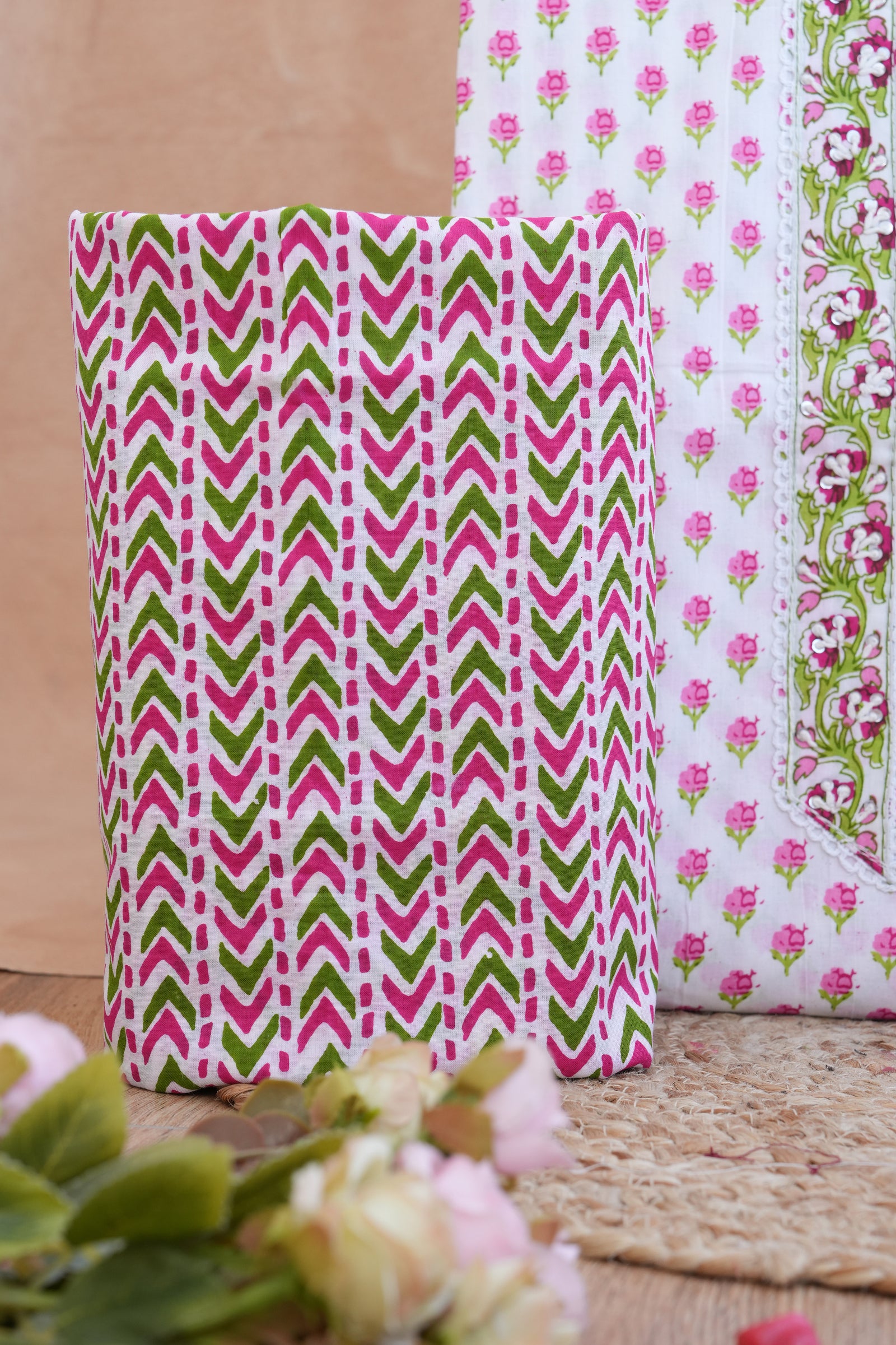 Pink Floral Gotta Patti Handblock Cotton Unstitched Suit Set with Dupatta – Atharva Jaipur