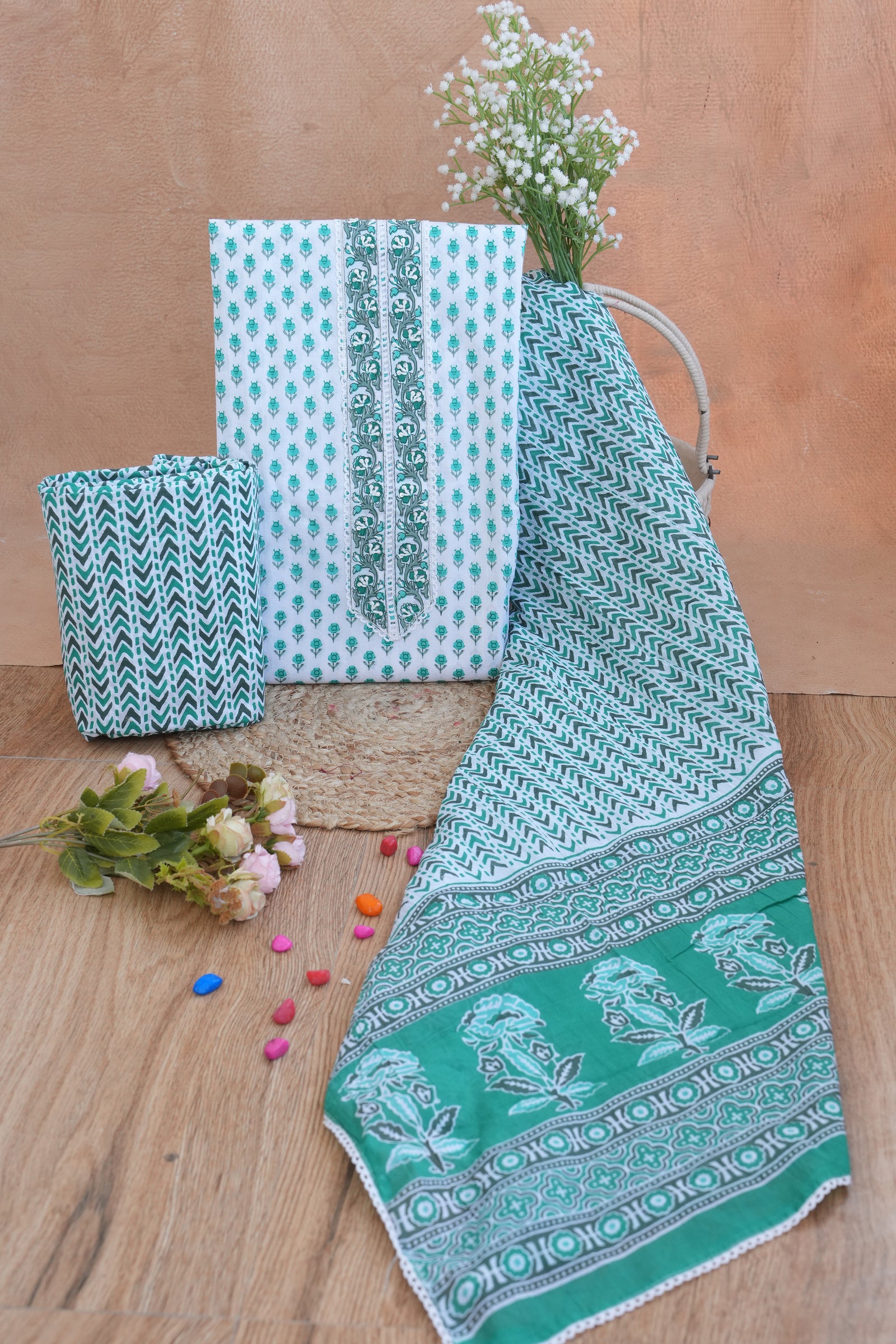 Zariya Emerald Floral Gotta Patti Handblock Cotton Unstitched Suit Set with Dupatta – Atharva Jaipur