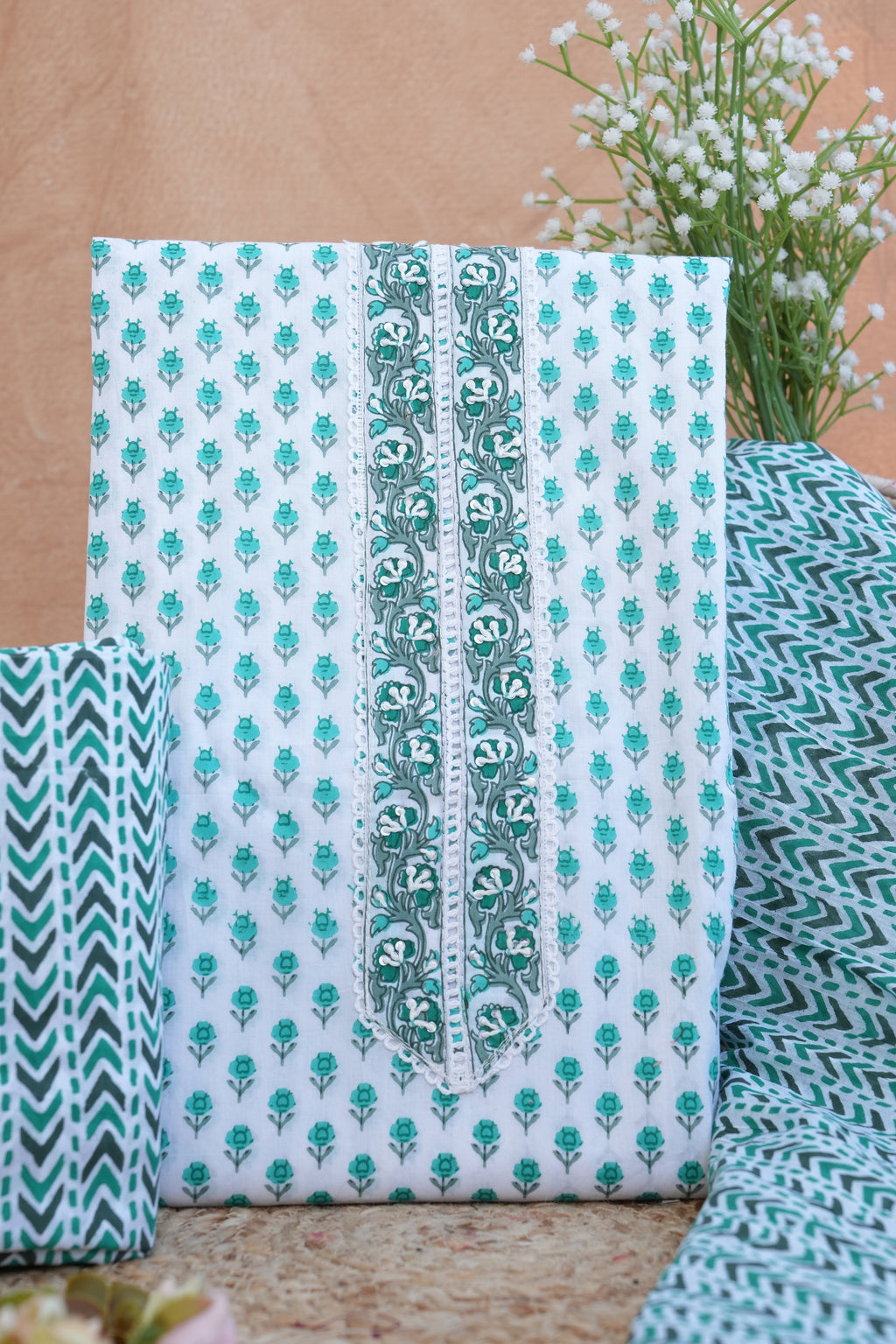 Zariya Emerald Floral Gotta Patti Handblock Cotton Unstitched Suit Set with Dupatta – Atharva Jaipur