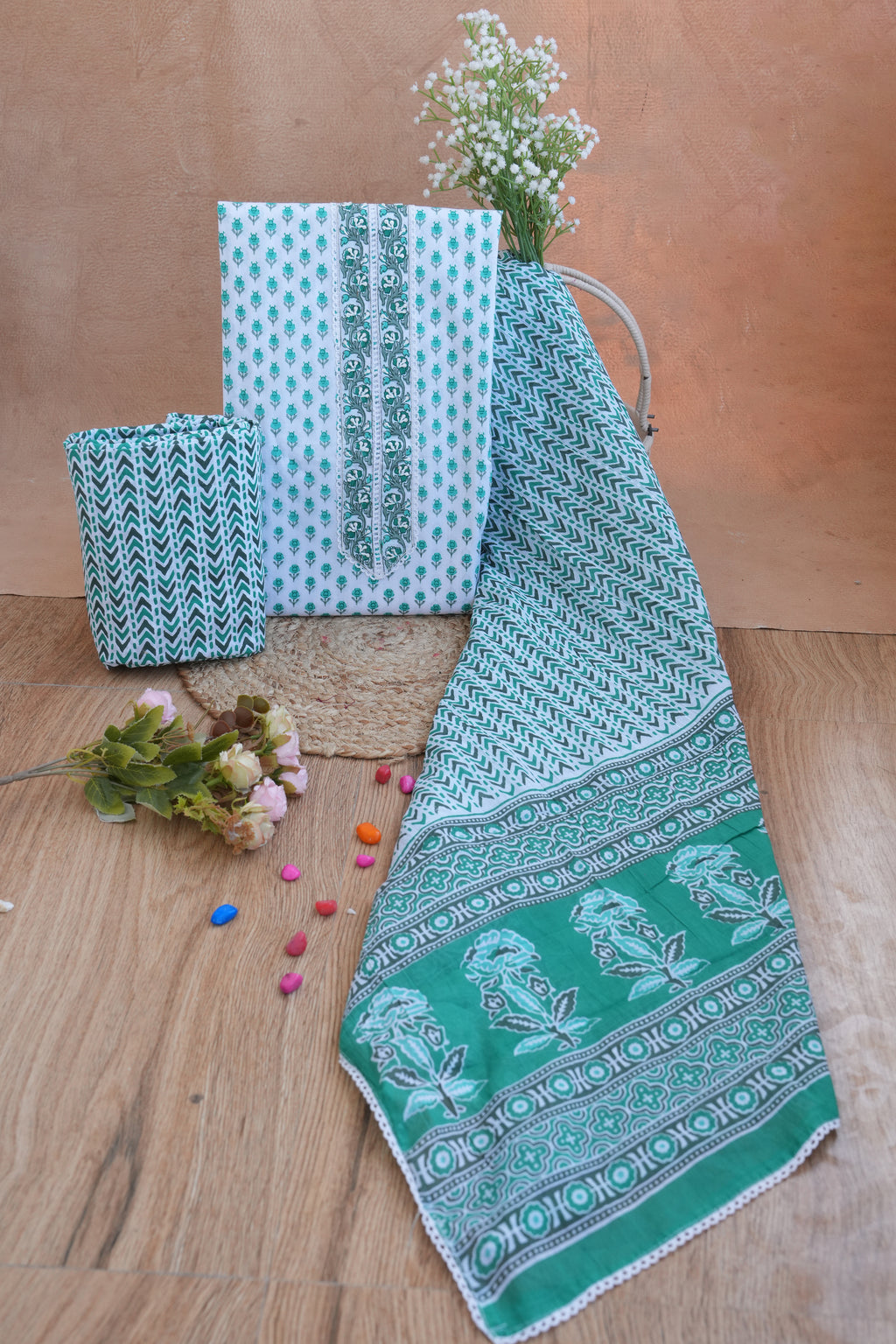 Zariya Emerald Floral Gotta Patti Handblock Cotton Unstitched Suit Set with Dupatta – Atharva Jaipur