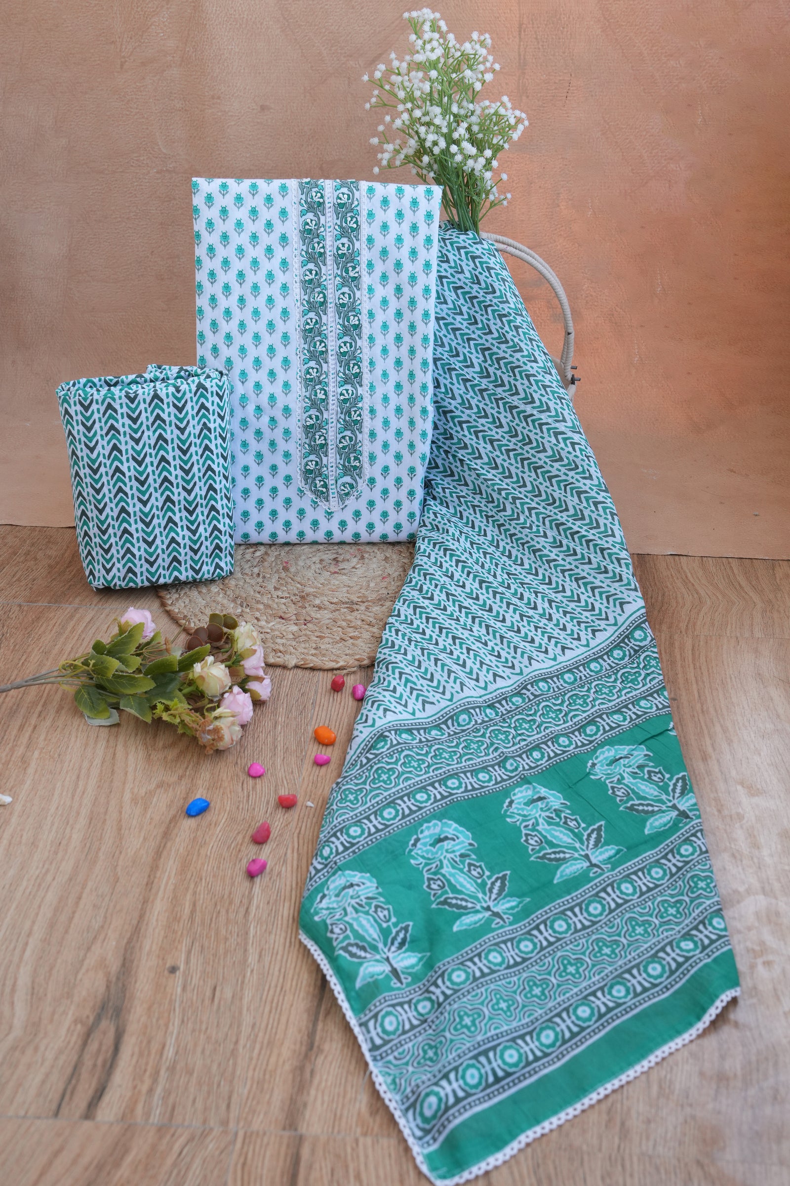 Zariya Emerald Floral Gotta Patti Handblock Cotton Unstitched Suit Set with Dupatta – Atharva Jaipur