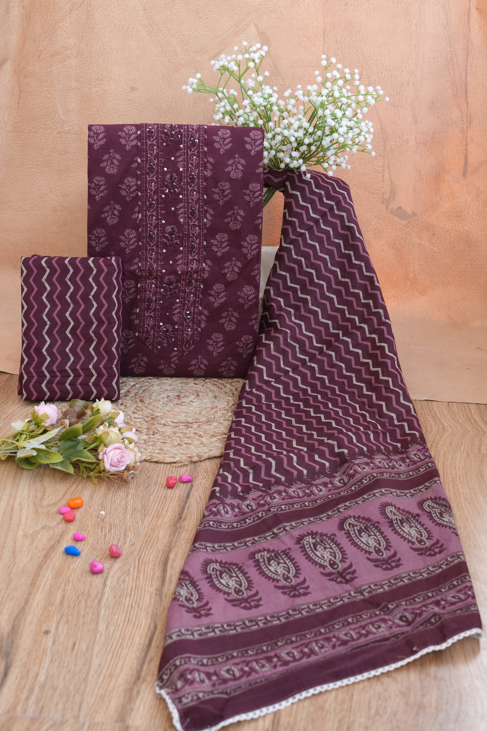 Wine Noor Purple Gotta Patti Handblock Cotton Unstitched Suit Set with Dupatta – Atharva Jaipur