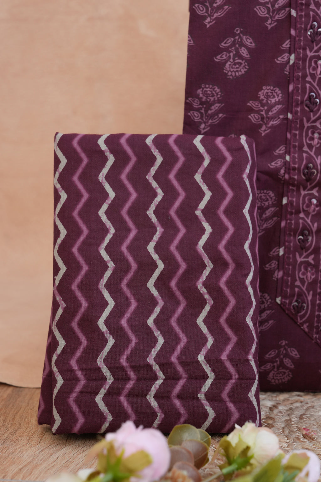 Wine Noor Purple Gotta Patti Handblock Cotton Unstitched Suit Set with Dupatta – Atharva Jaipur