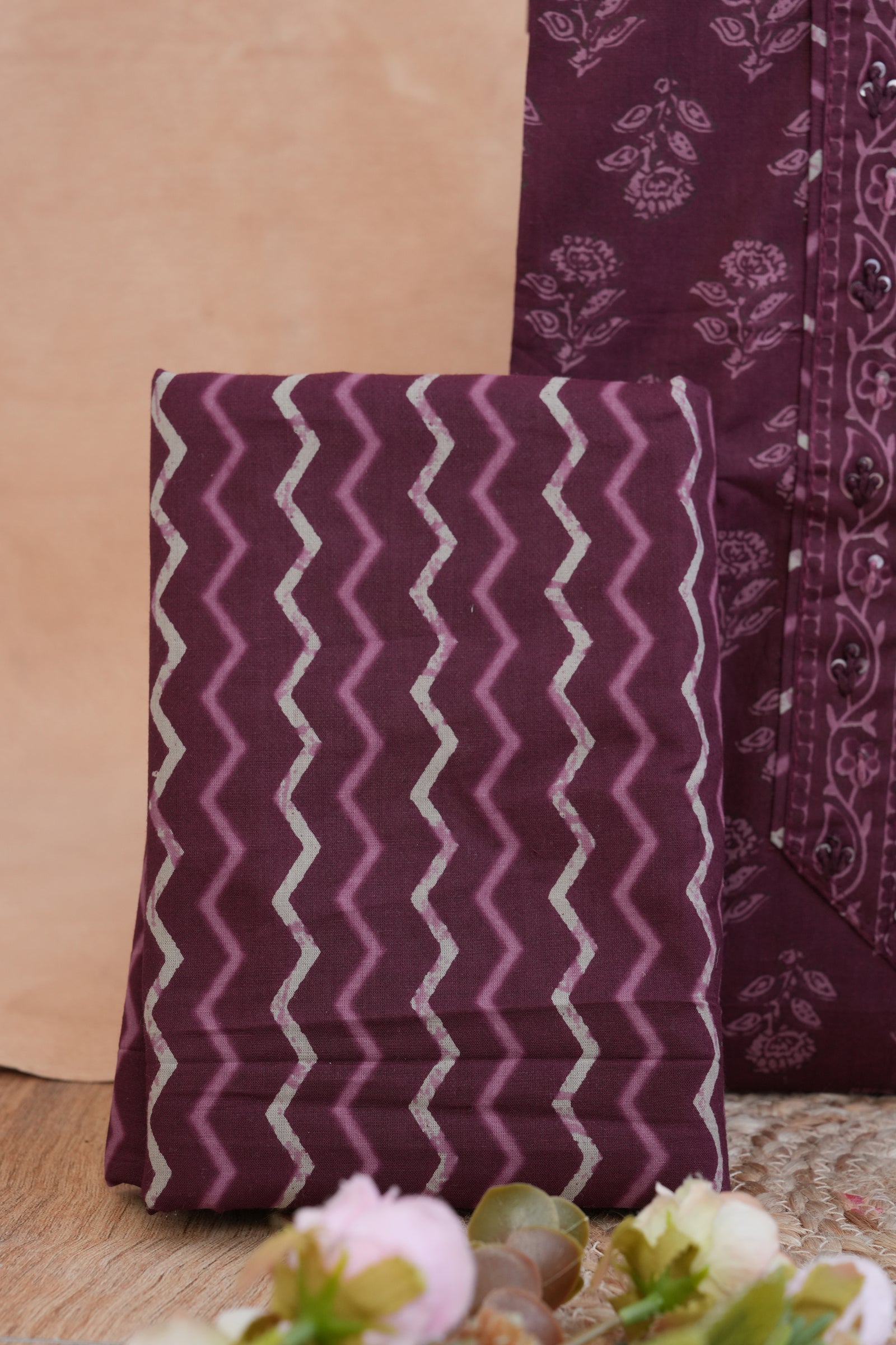 Wine Noor Purple Gotta Patti Handblock Cotton Unstitched Suit Set with Dupatta – Atharva Jaipur