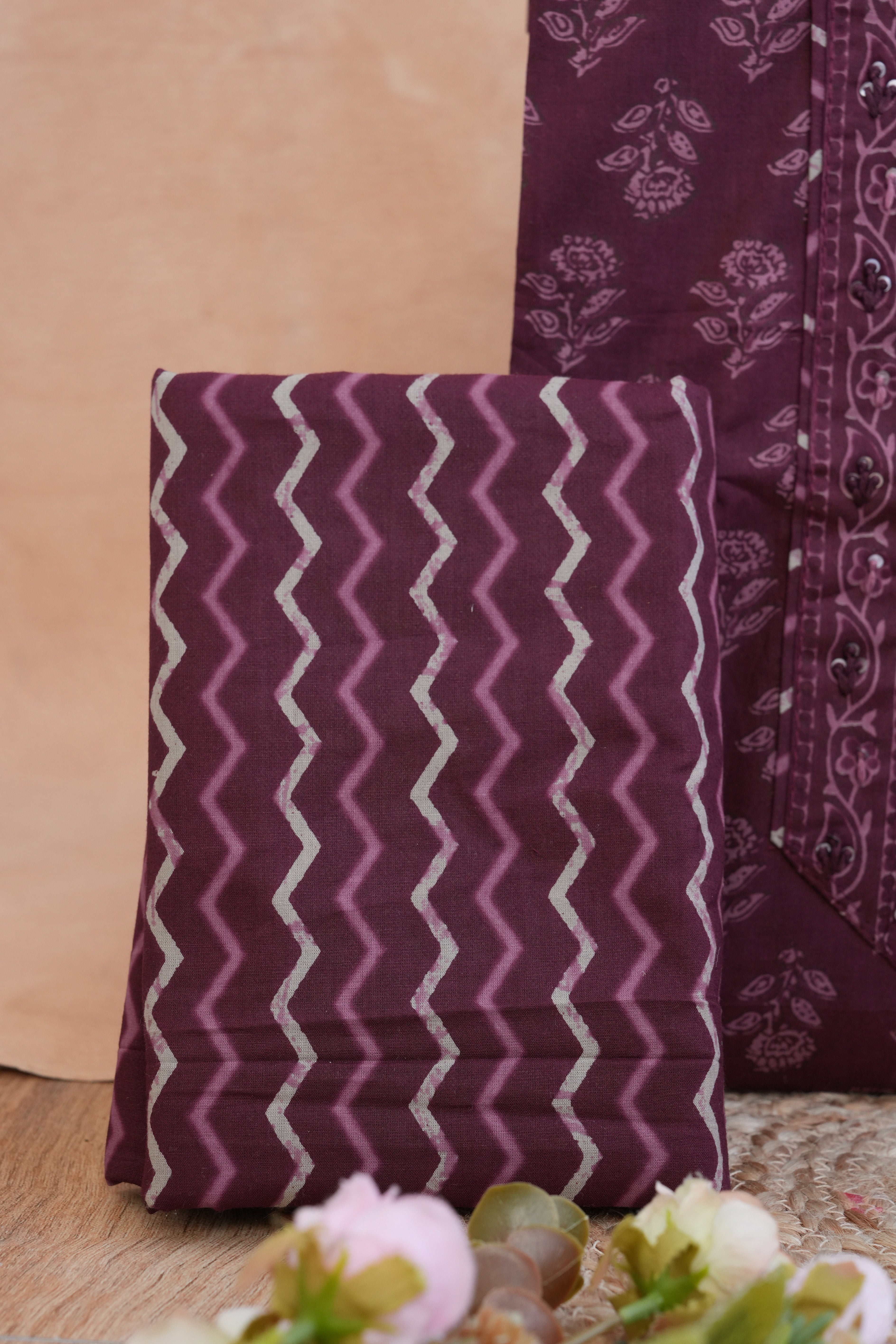 Wine Noor Purple Gotta Patti Handblock Cotton Unstitched Suit Set with Dupatta – Atharva Jaipur