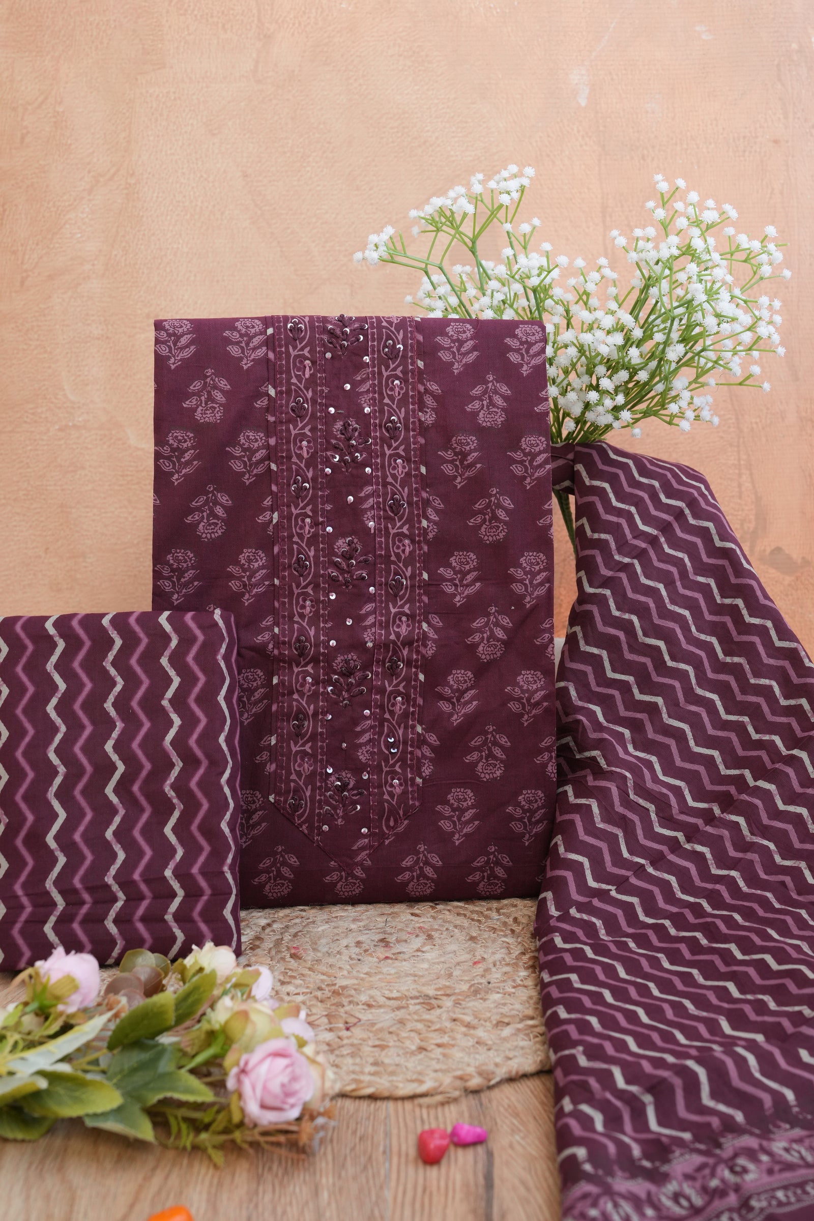 Wine Noor Purple Gotta Patti Handblock Cotton Unstitched Suit Set with Dupatta – Atharva Jaipur