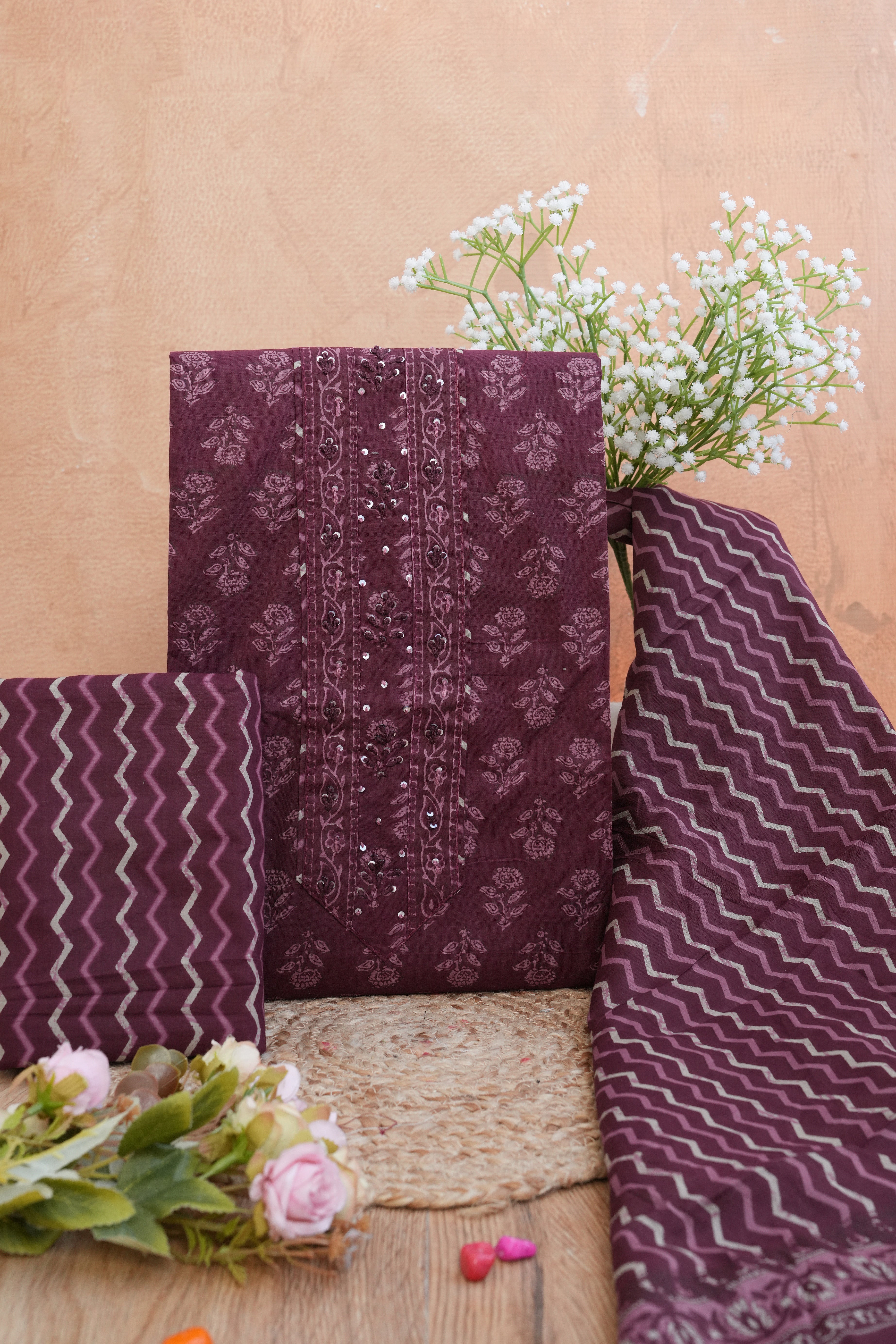 Wine Noor Purple Gotta Patti Handblock Cotton Unstitched Suit Set with Dupatta – Atharva Jaipur