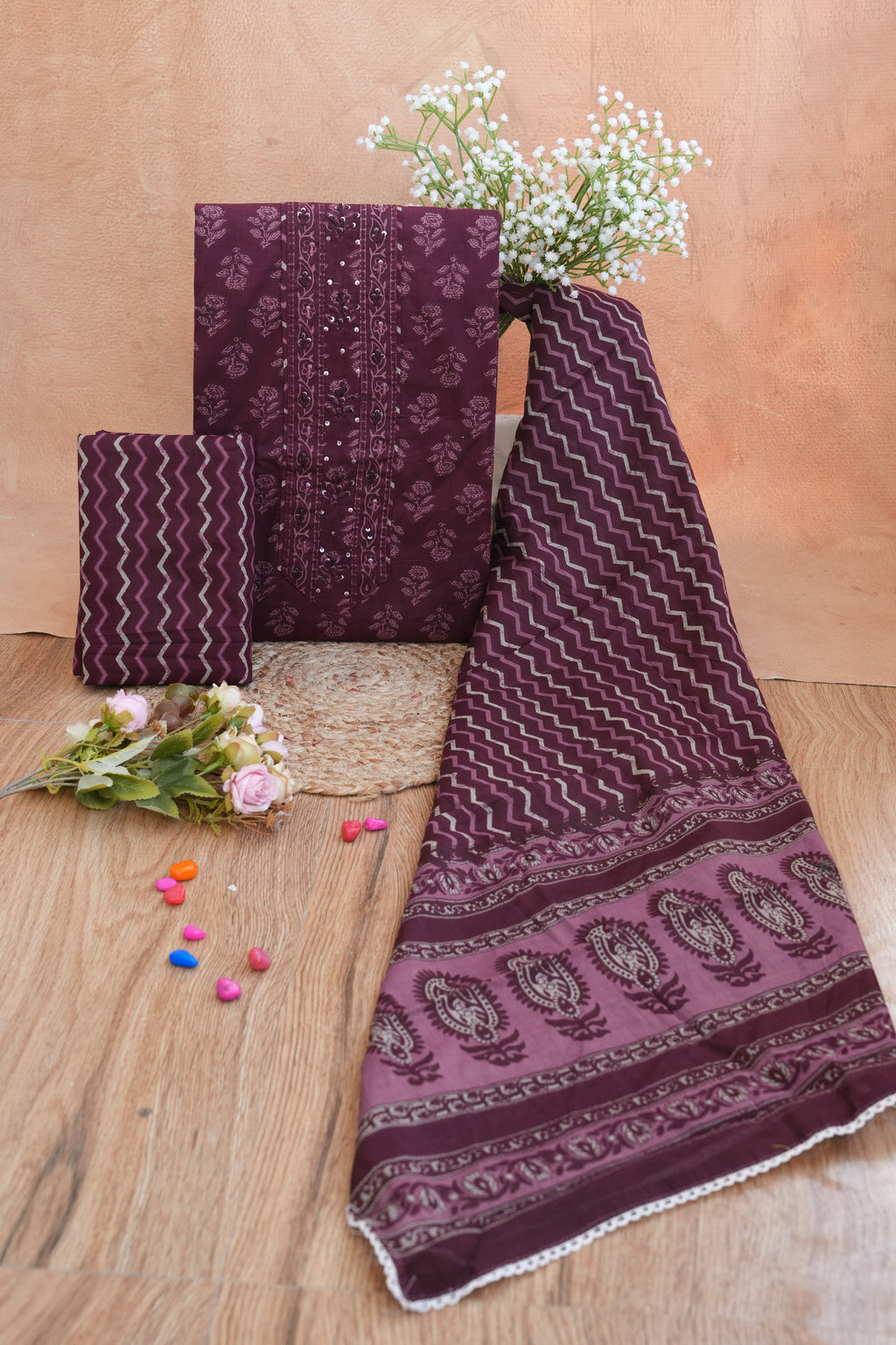 Wine Noor Purple Gotta Patti Handblock Cotton Unstitched Suit Set with Dupatta – Atharva Jaipur