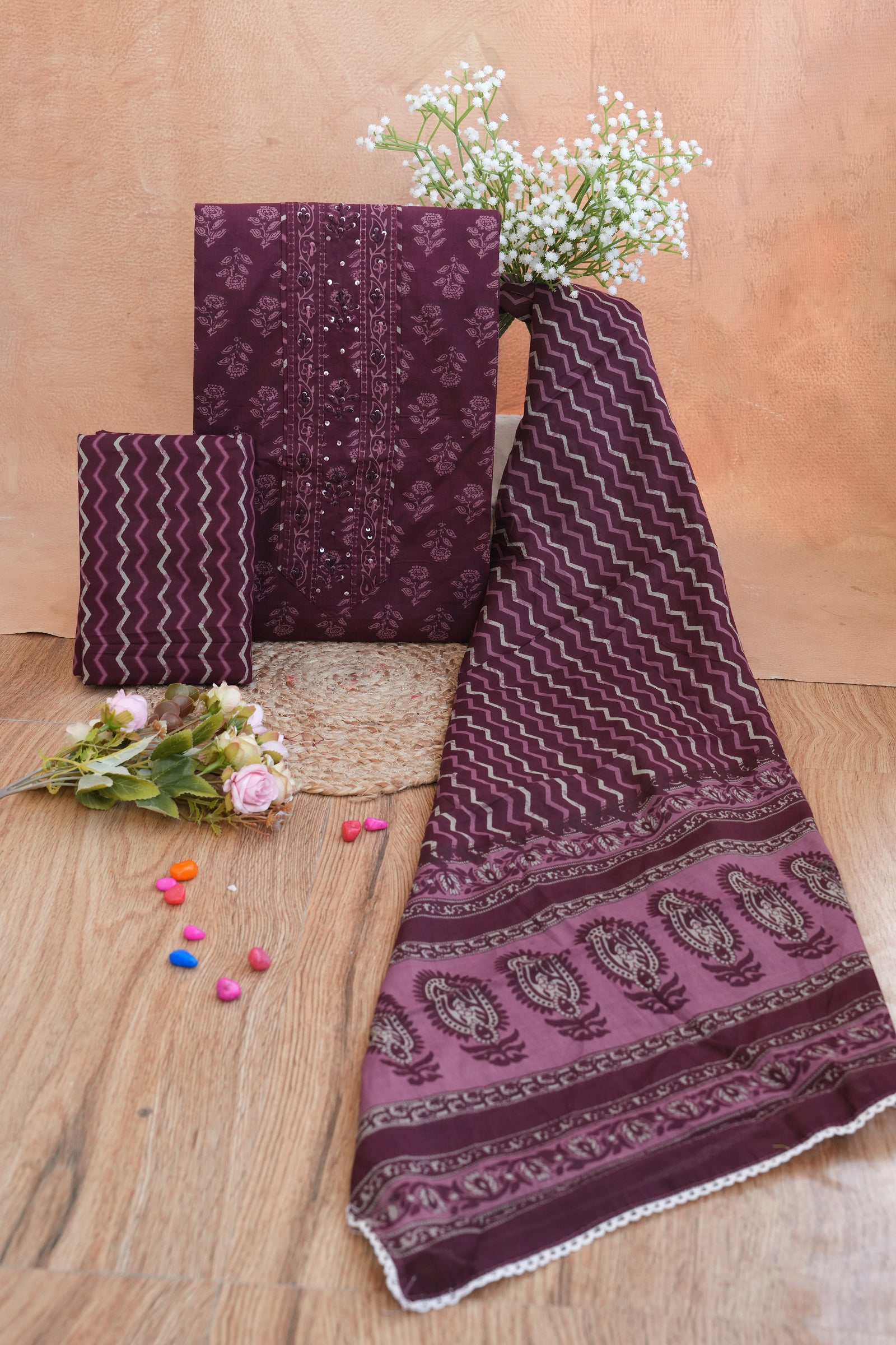 Wine Noor Purple Gotta Patti Handblock Cotton Unstitched Suit Set with Dupatta – Atharva Jaipur
