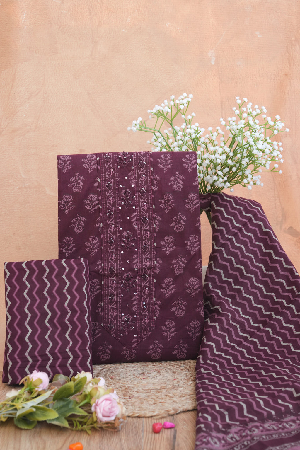 Wine Noor Purple Gotta Patti Handblock Cotton Unstitched Suit Set with Dupatta – Atharva Jaipur