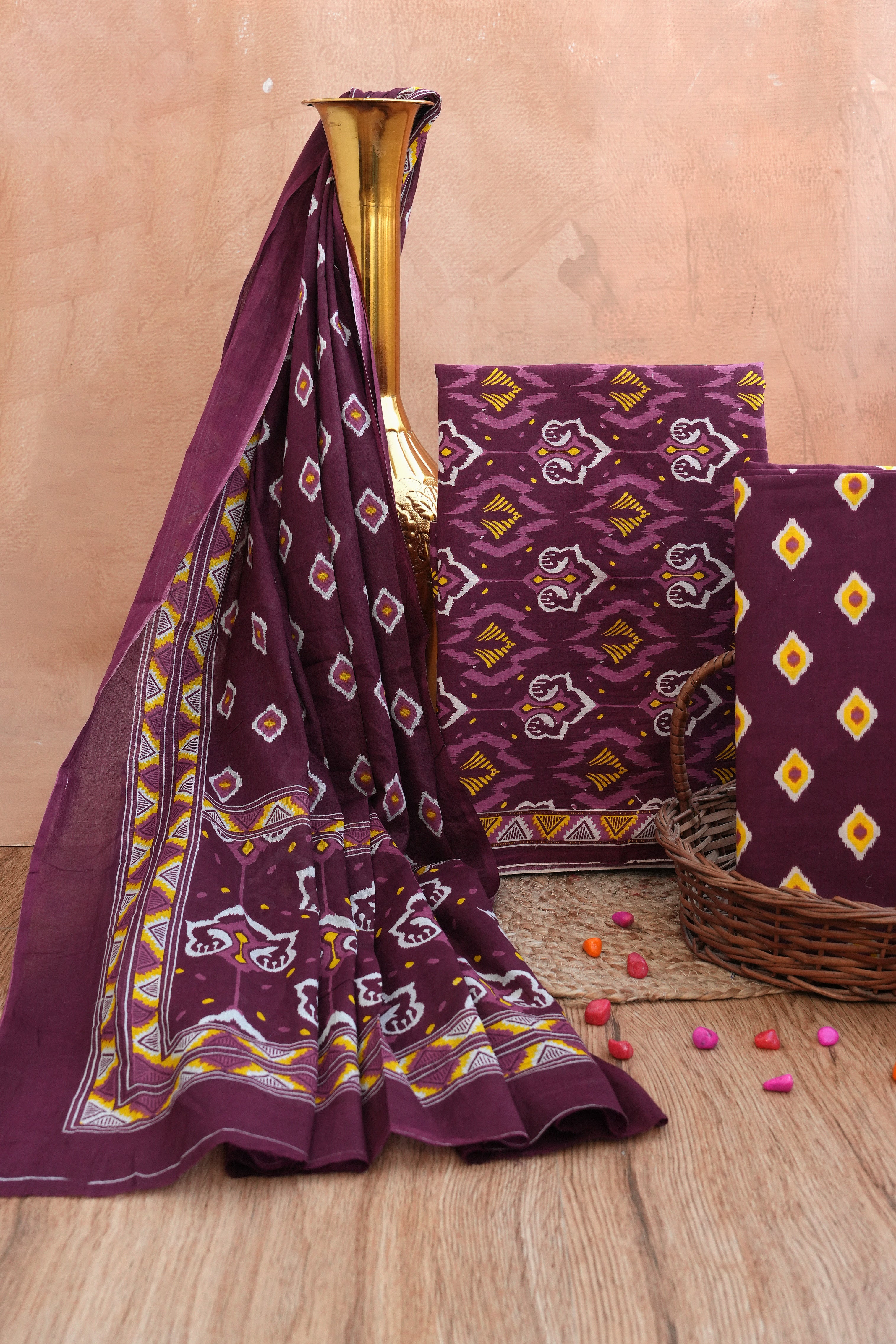 Rangmahal Wine Handblock Unstitched Suit Set with Dupatta – Atharva Jaipur