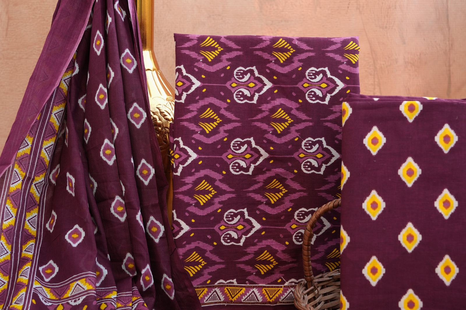 Rangmahal Wine Handblock Unstitched Suit Set with Dupatta – Atharva Jaipur