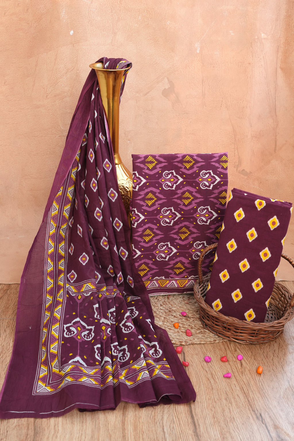Rangmahal Wine Handblock Unstitched Suit Set with Dupatta – Atharva Jaipur