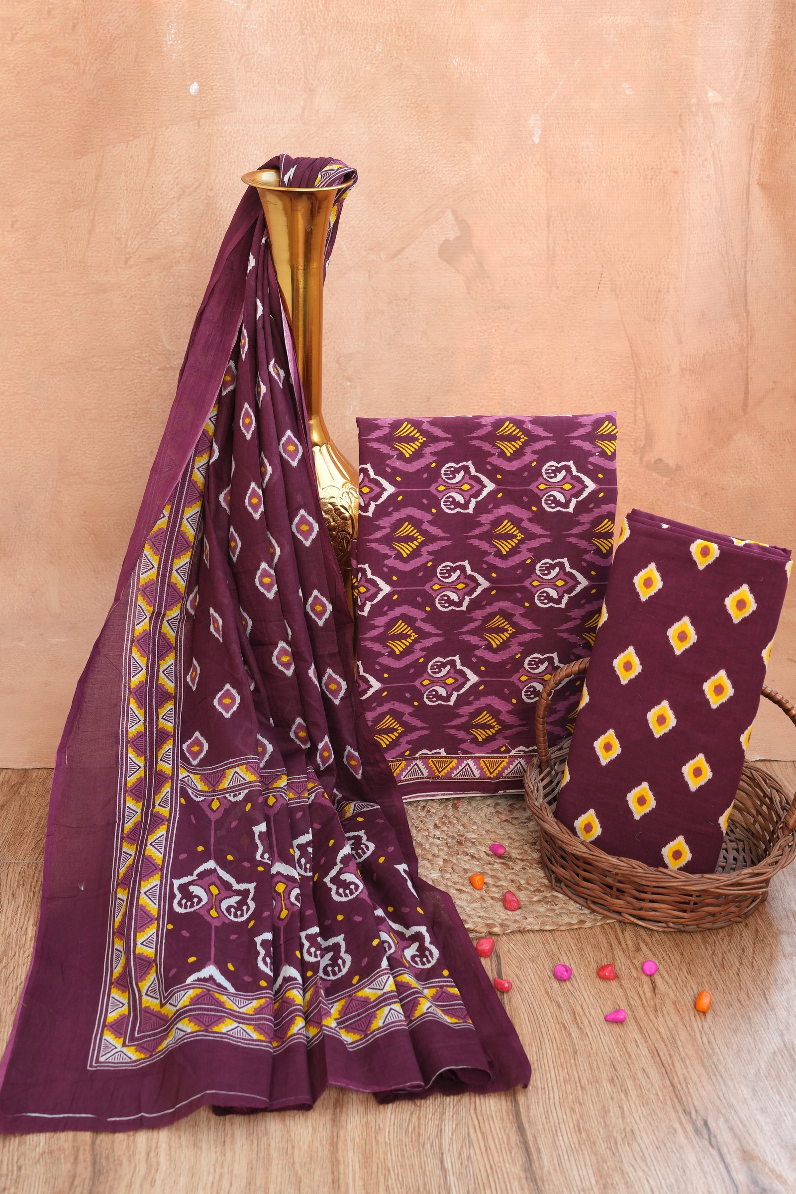 Rangmahal Wine Handblock Unstitched Suit Set with Dupatta – Atharva Jaipur