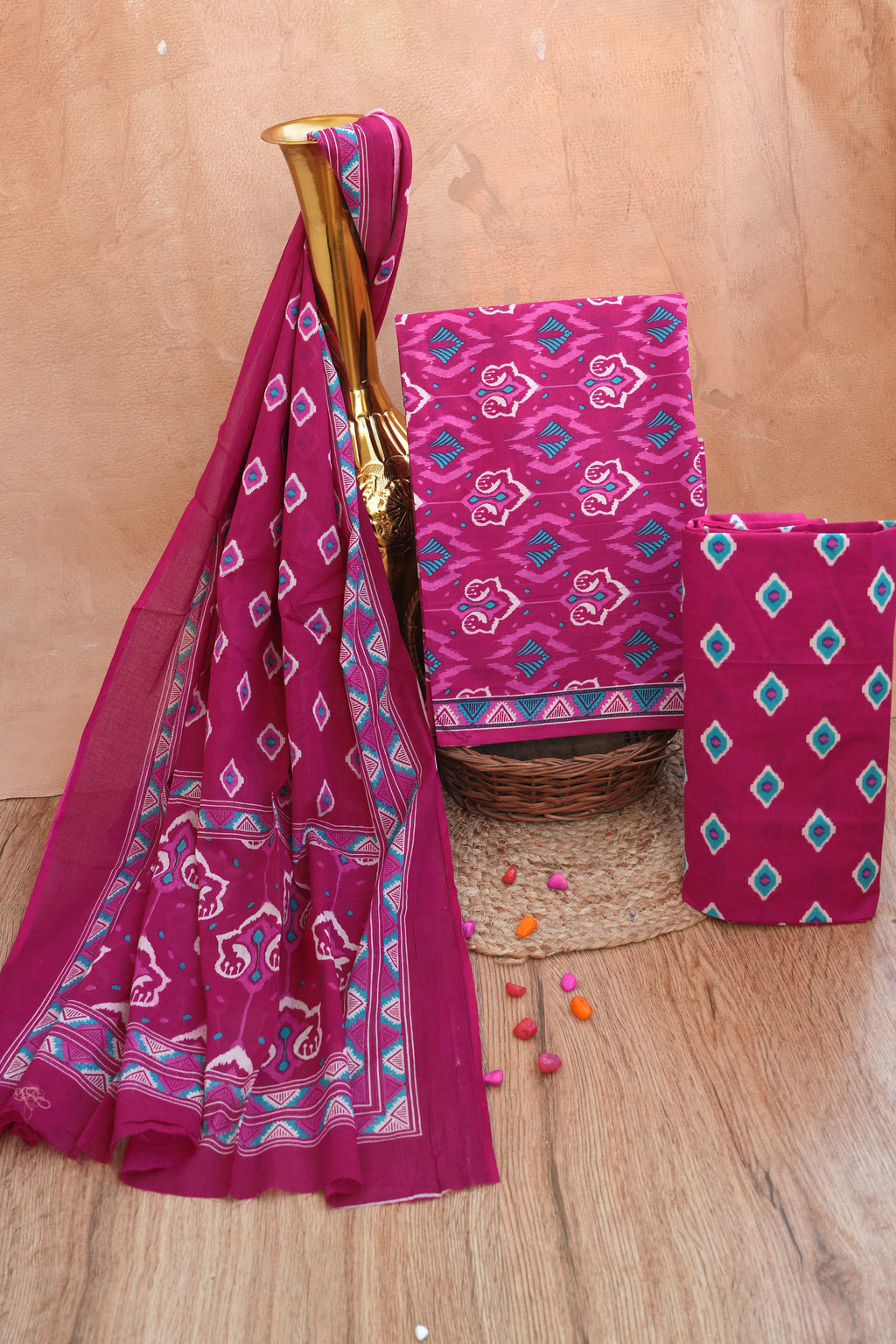 Fuchsia Pink Jaipur Handblock Cotton Unstitched Suit Set with Dupatta – Atharva Jaipur