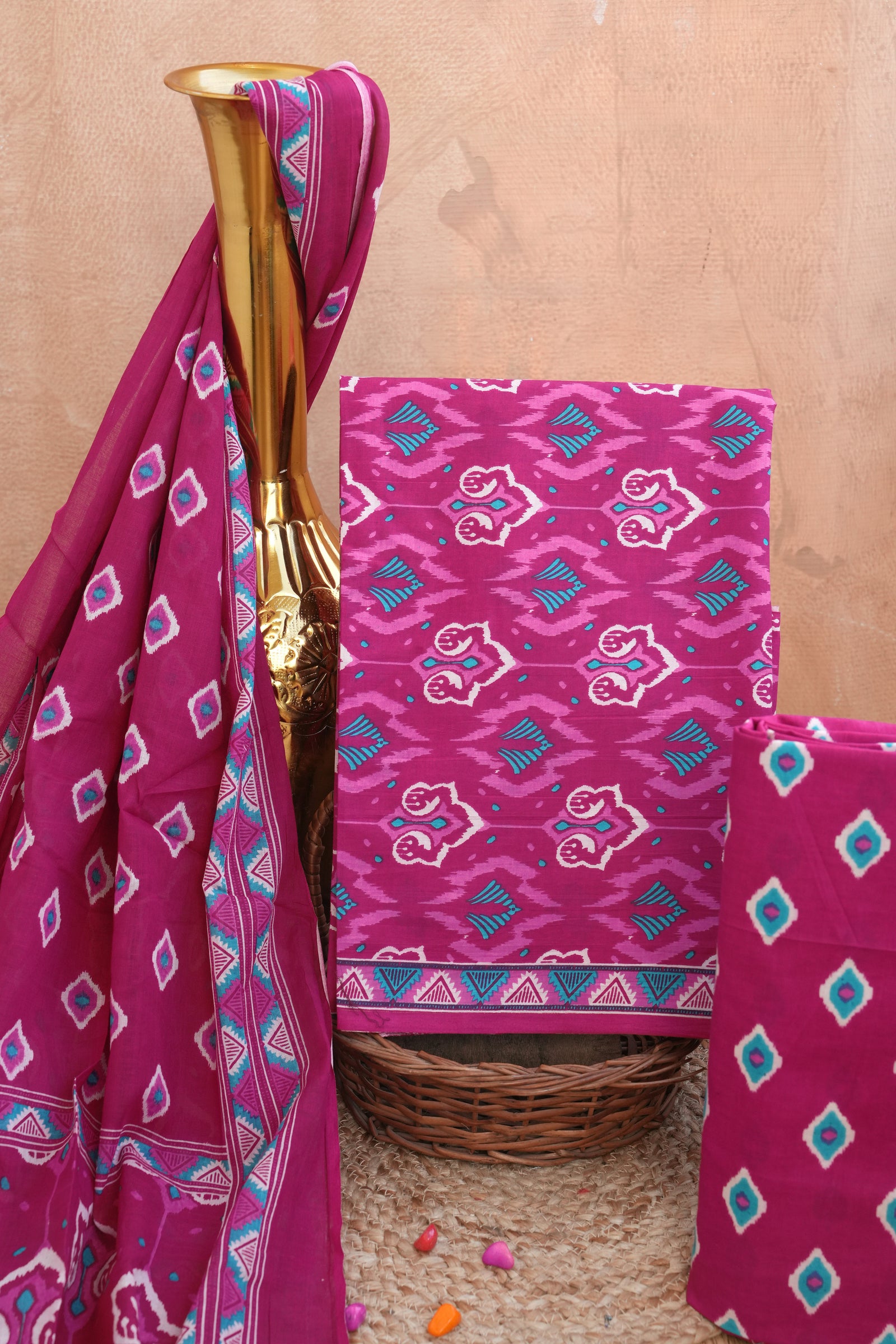 Fuchsia Pink Jaipur Handblock Cotton Unstitched Suit Set with Dupatta – Atharva Jaipur