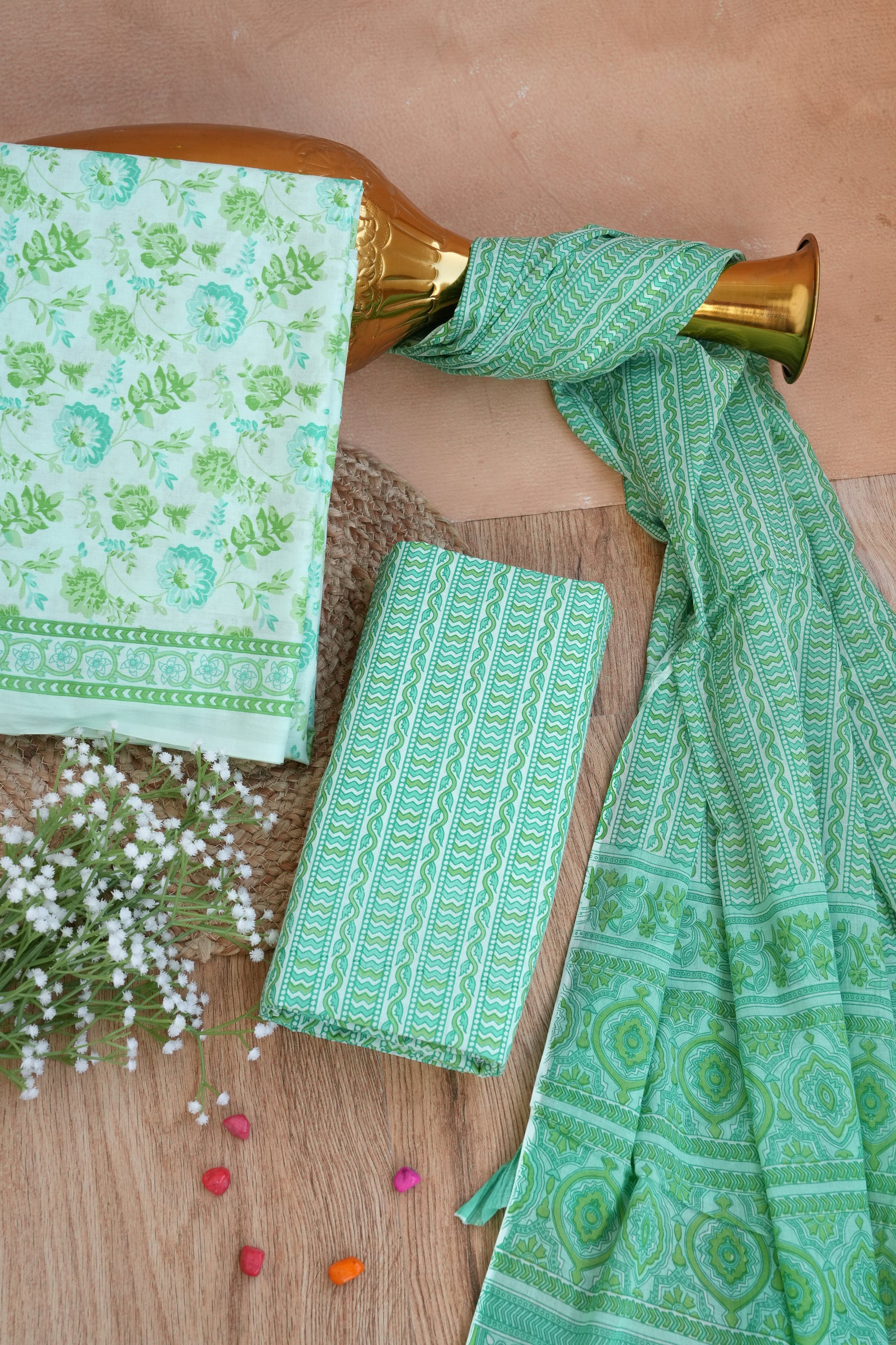 Hariyali Floral Handblock Cotton Unstitched Suit Set with Dupatta – Atharva Jaipur