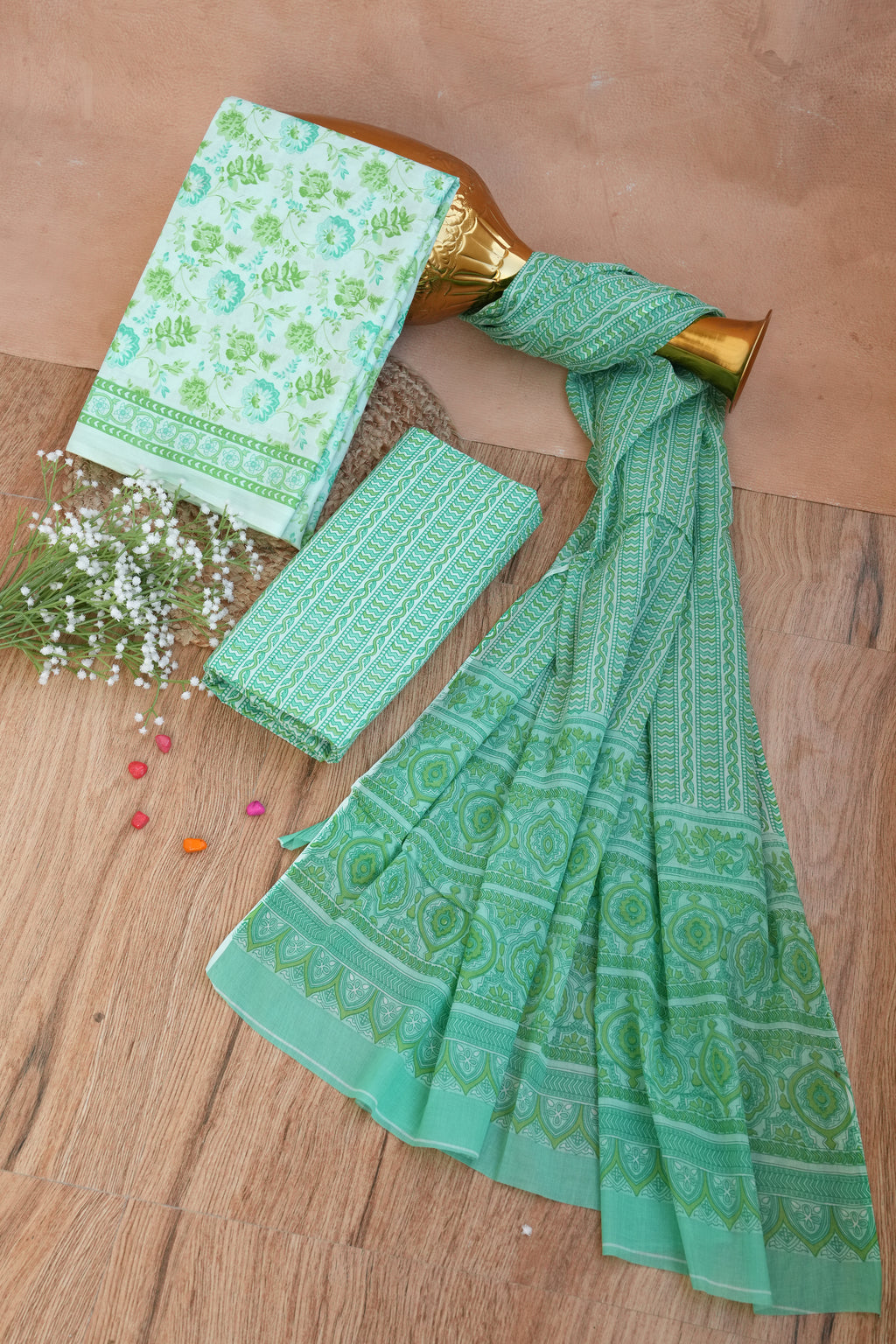 Hariyali Floral Handblock Cotton Unstitched Suit Set with Dupatta – Atharva Jaipur