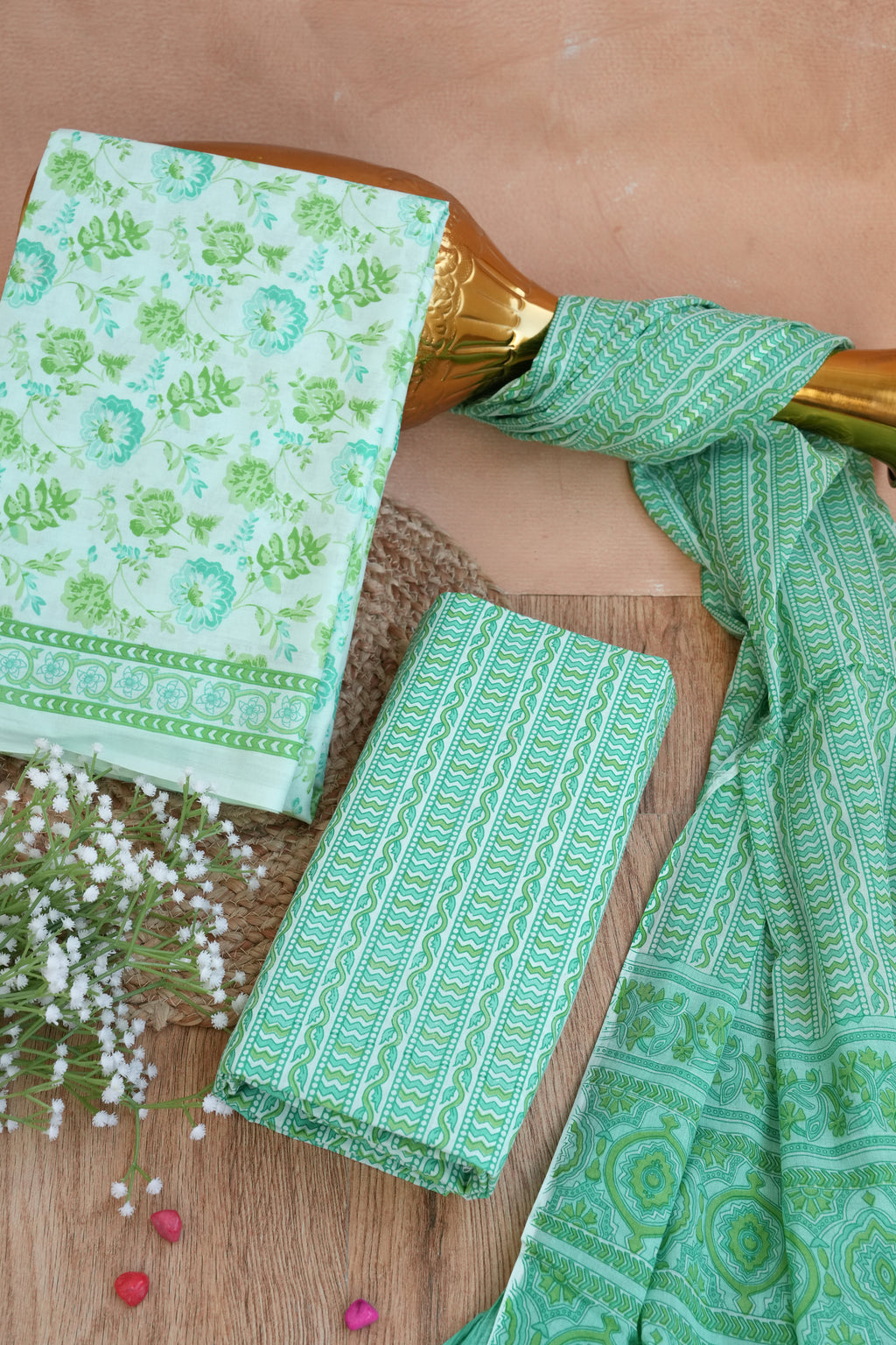 Hariyali Floral Handblock Cotton Unstitched Suit Set with Dupatta – Atharva Jaipur