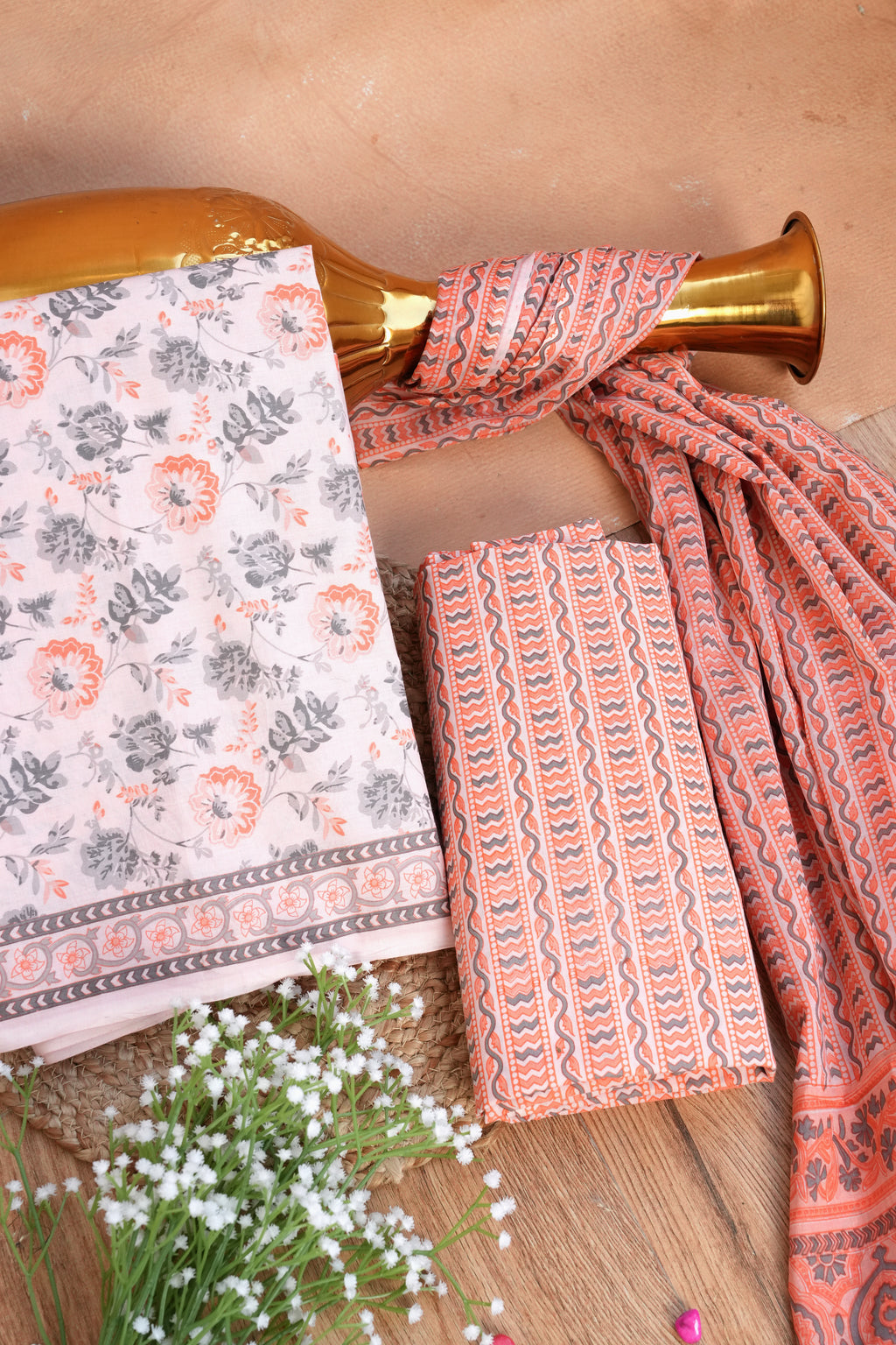 Gulnaaz Peach Floral Handblock Cotton Unstitched Suit Set with Dupatta – Atharva Jaipur
