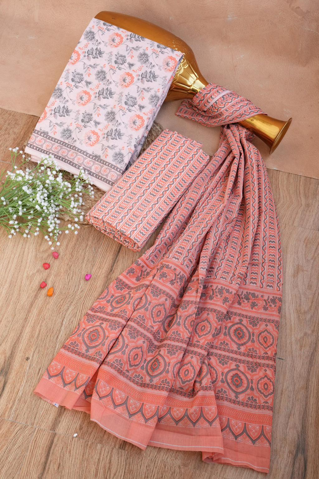 Gulnaaz Peach Floral Handblock Cotton Unstitched Suit Set with Dupatta – Atharva Jaipur