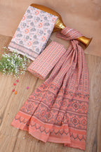 Gulnaaz Peach Floral Handblock Cotton Unstitched Suit Set with Dupatta – Atharva Jaipur
