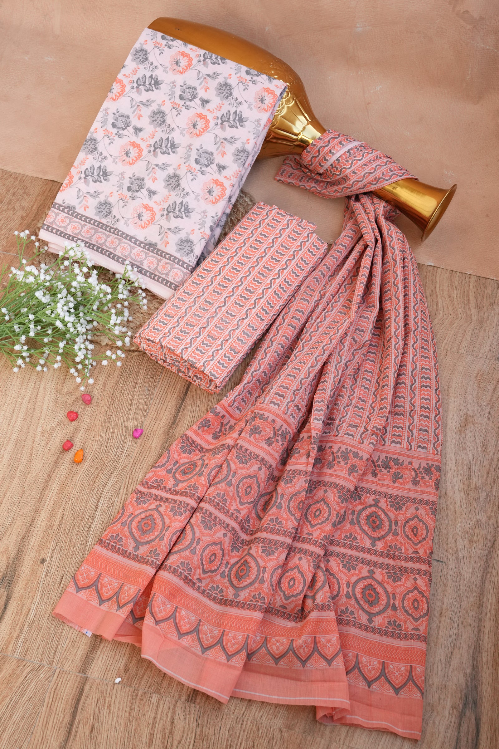 Gulnaaz Peach Floral Handblock Cotton Unstitched Suit Set with Dupatta – Atharva Jaipur