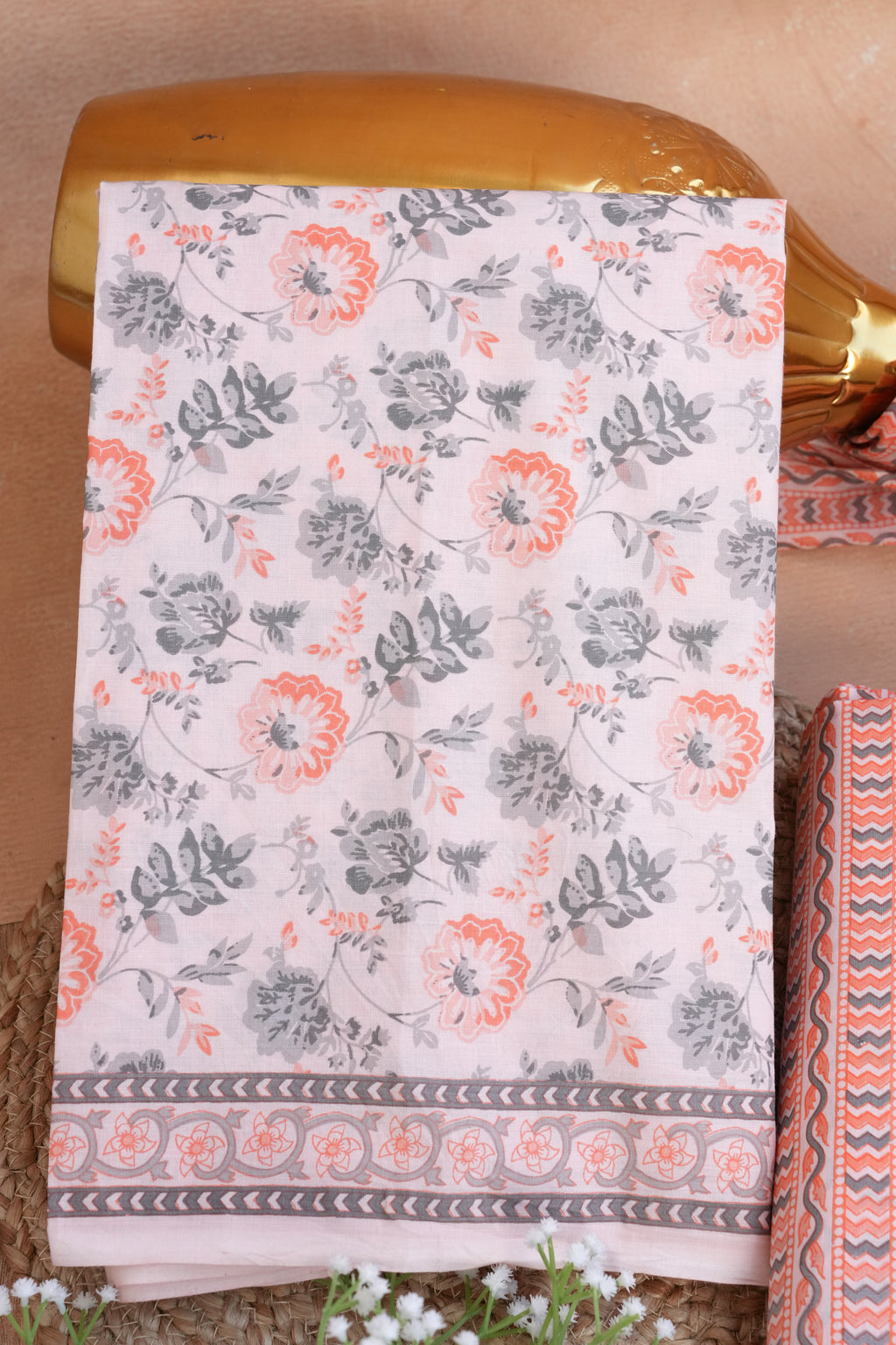 Gulnaaz Peach Floral Handblock Cotton Unstitched Suit Set with Dupatta – Atharva Jaipur