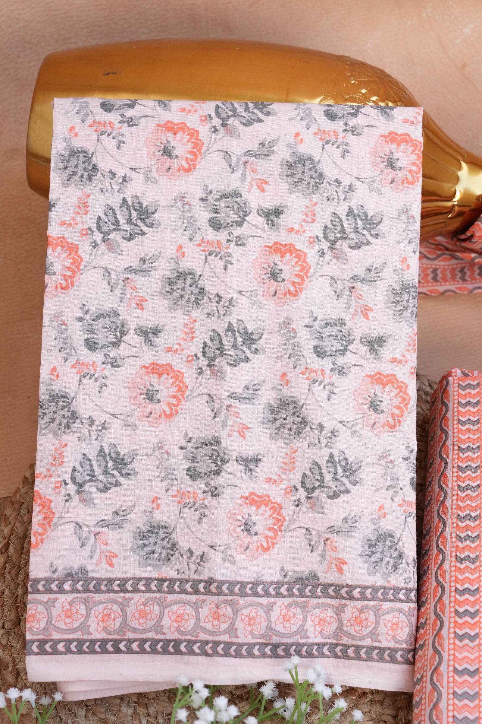 Gulnaaz Peach Floral Handblock Cotton Unstitched Suit Set with Dupatta – Atharva Jaipur