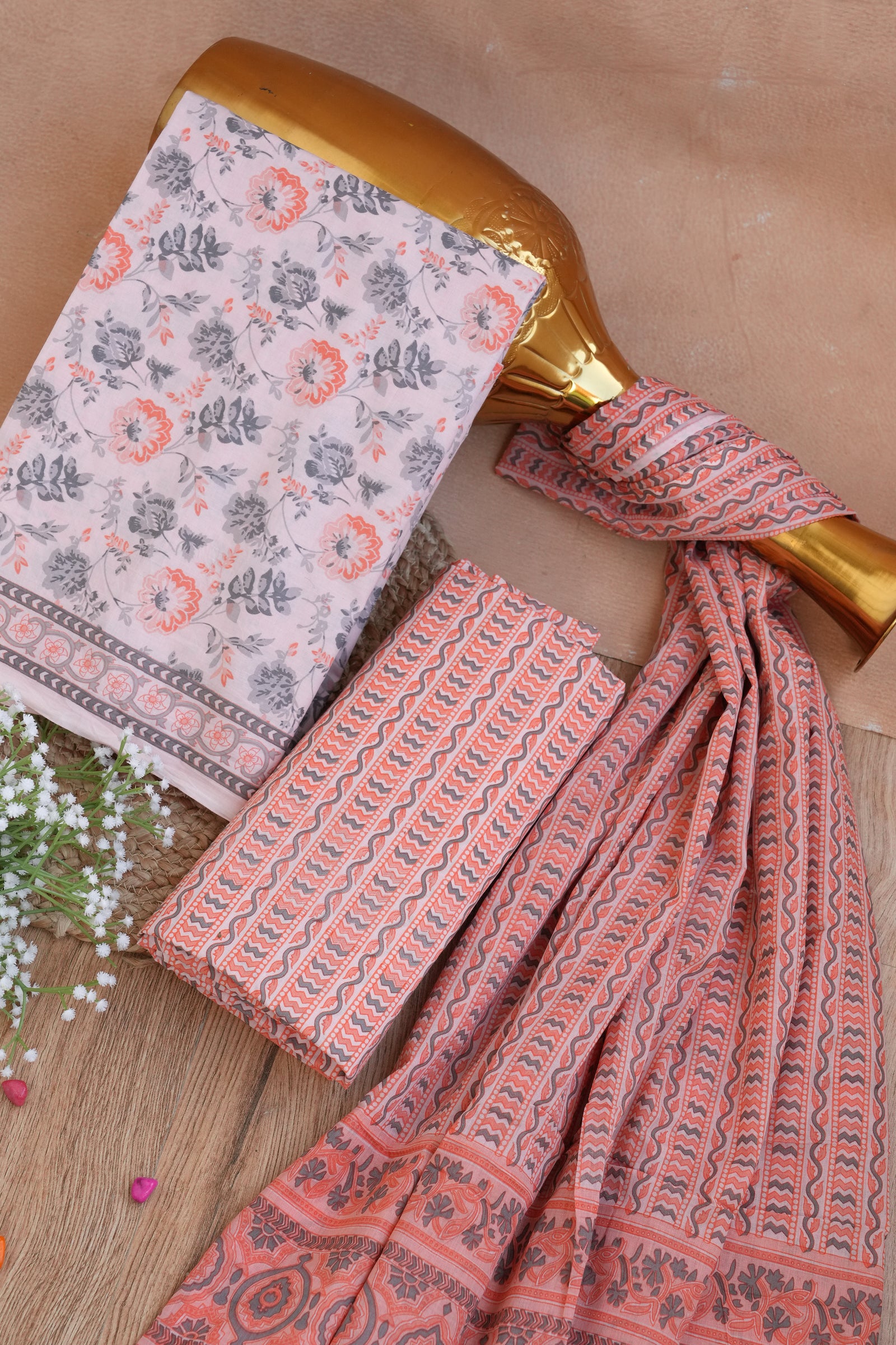 Gulnaaz Peach Floral Handblock Cotton Unstitched Suit Set with Dupatta – Atharva Jaipur