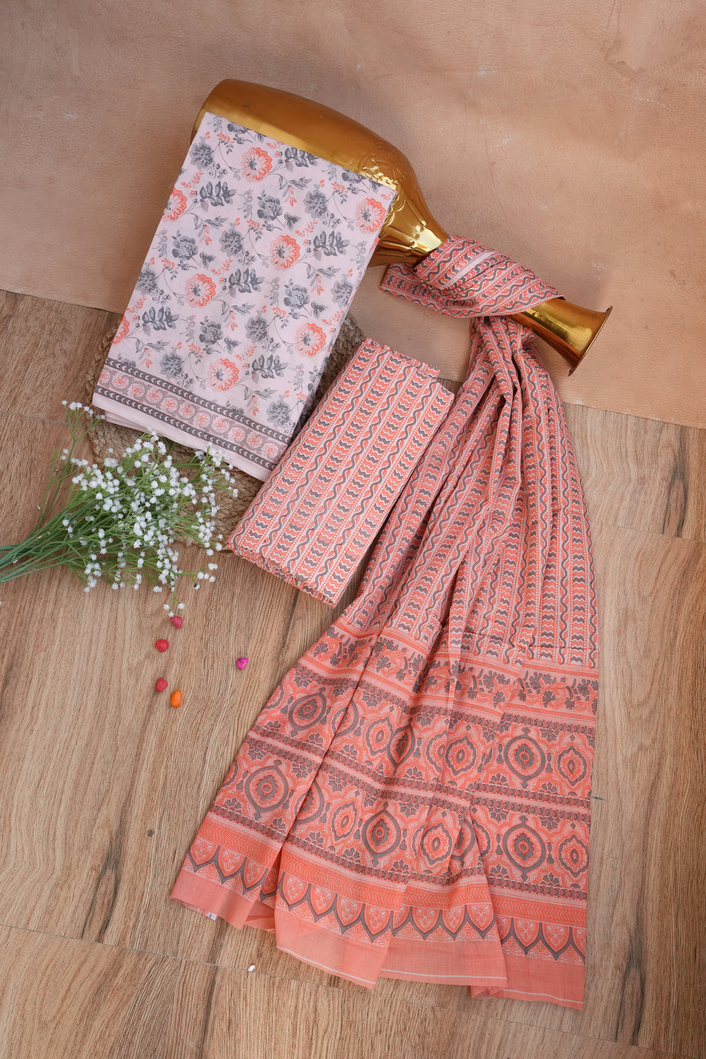 Gulnaaz Peach Floral Handblock Cotton Unstitched Suit Set with Dupatta – Atharva Jaipur