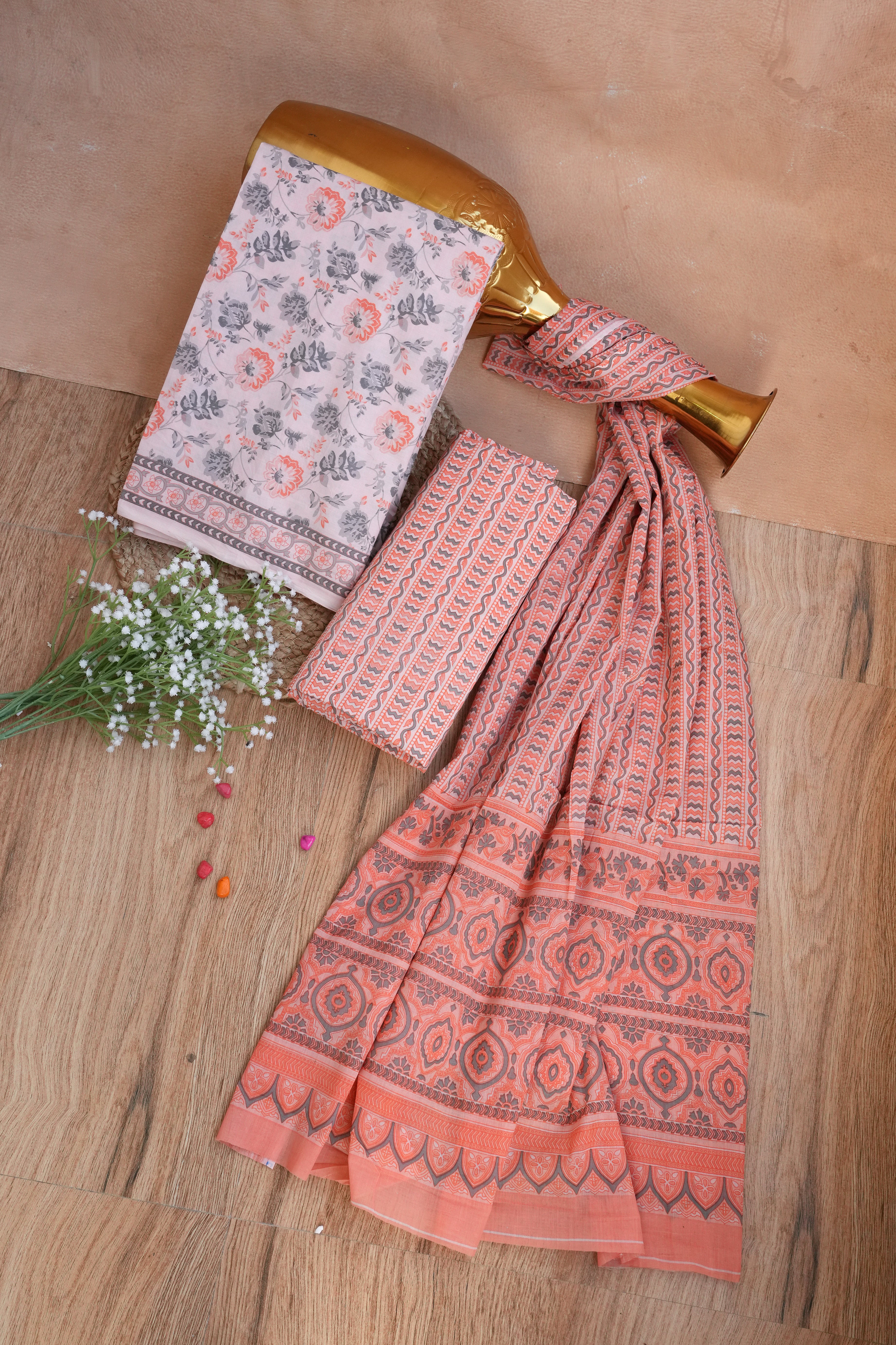 Gulnaaz Peach Floral Handblock Cotton Unstitched Suit Set with Dupatta – Atharva Jaipur