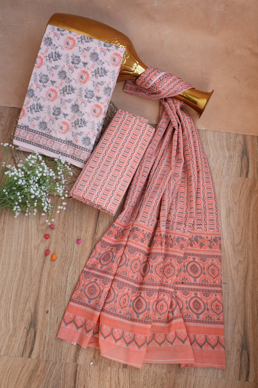Gulnaaz Peach Floral Handblock Cotton Unstitched Suit Set with Dupatta – Atharva Jaipur
