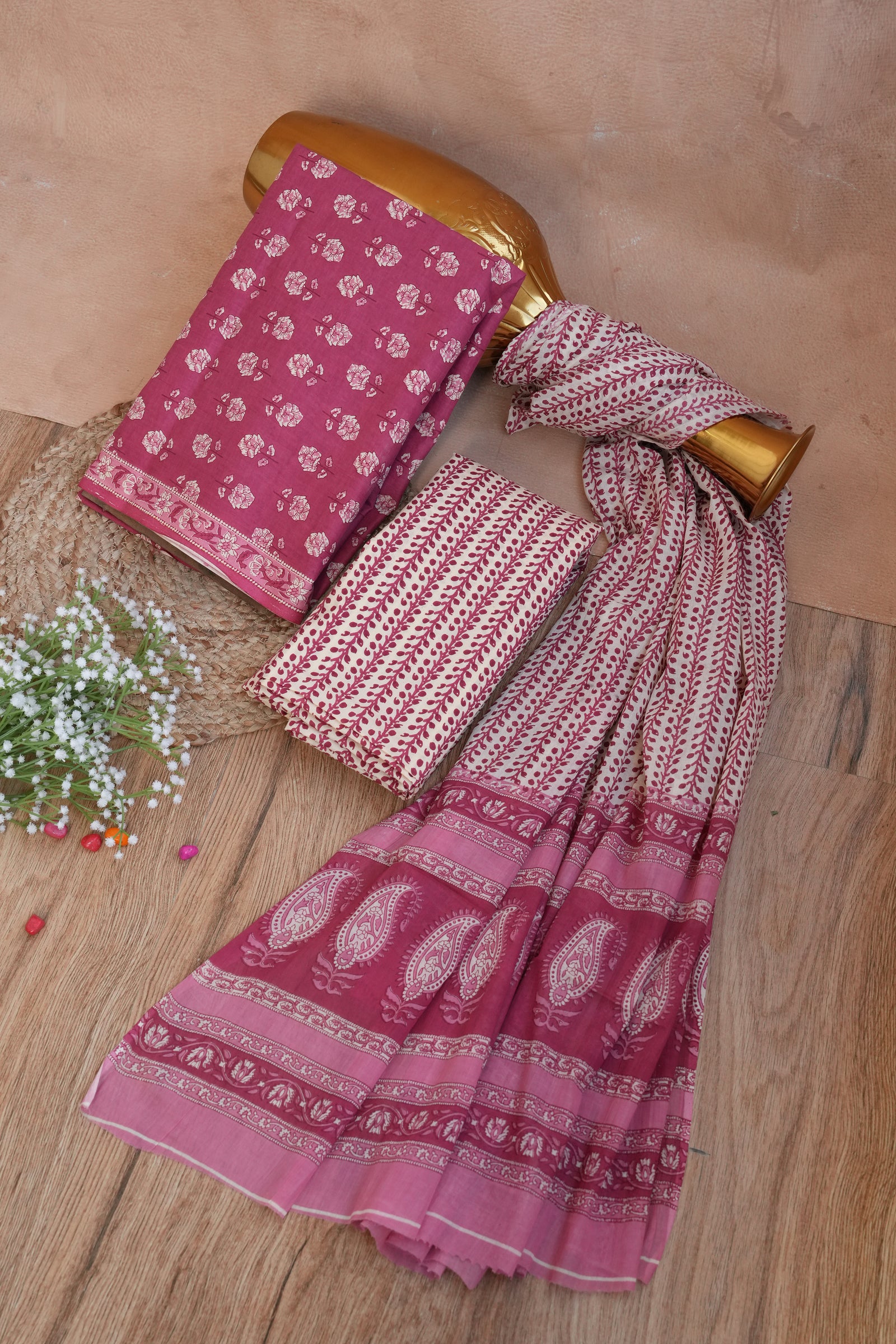 Rangriti Pink Floral Handblock Cotton Unstitched Suit Set with Dupatta – Atharva Jaipur