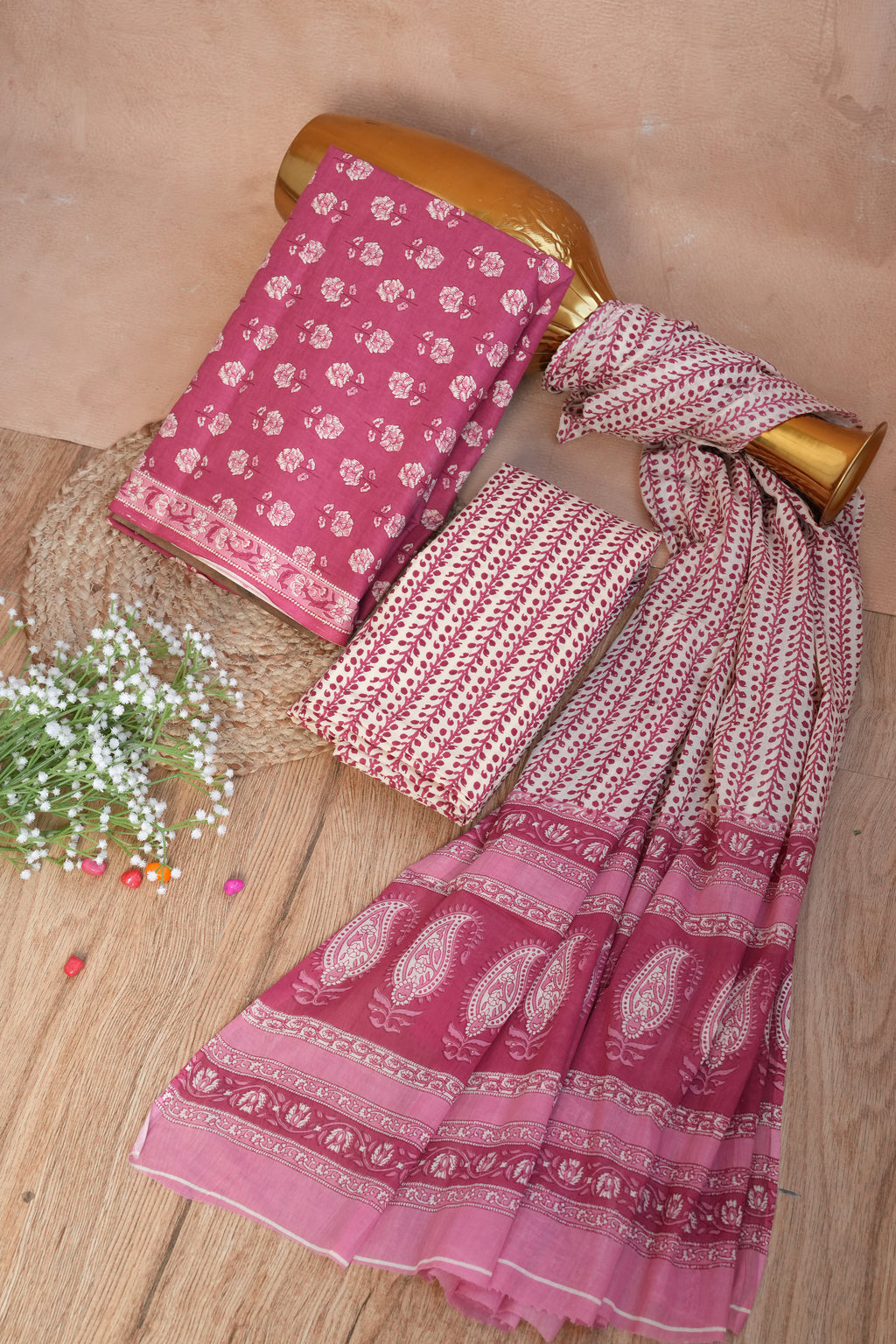 Rangriti Pink Floral Handblock Cotton Unstitched Suit Set with Dupatta – Atharva Jaipur