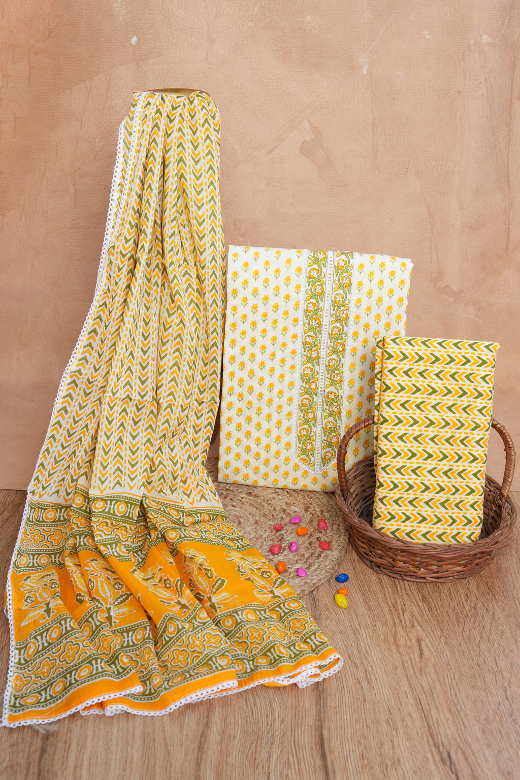 Sunshine Yellow Gotta Patti Handblock Cotton Unstitched Suit Set with Dupatta – Atharva Jaipurx
