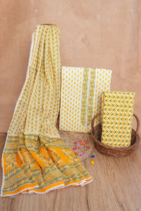 Sunshine Yellow Gotta Patti Handblock Cotton Unstitched Suit Set with Dupatta – Atharva Jaipurx