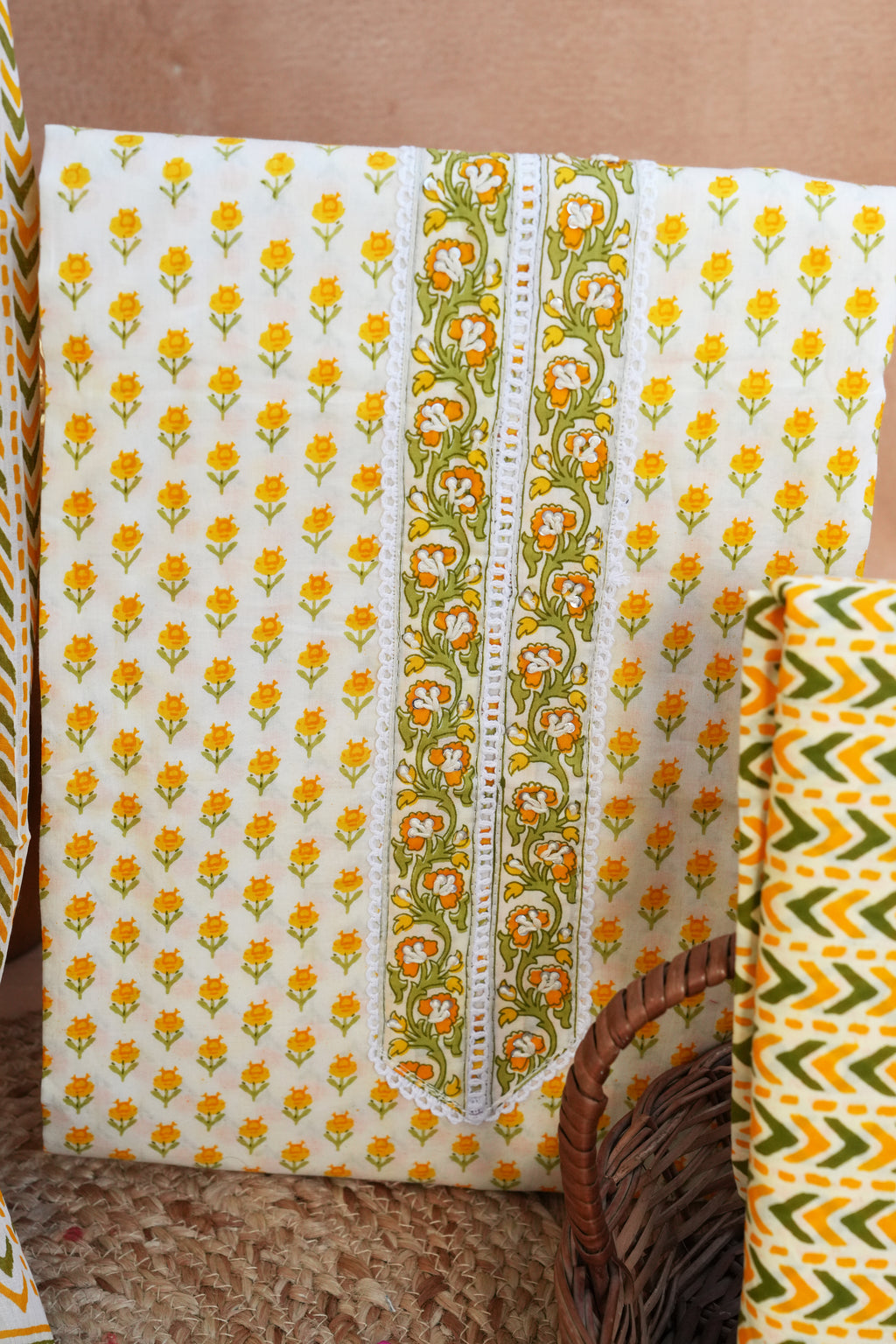 Sunshine Yellow Gotta Patti Handblock Cotton Unstitched Suit Set with Dupatta – Atharva Jaipurx