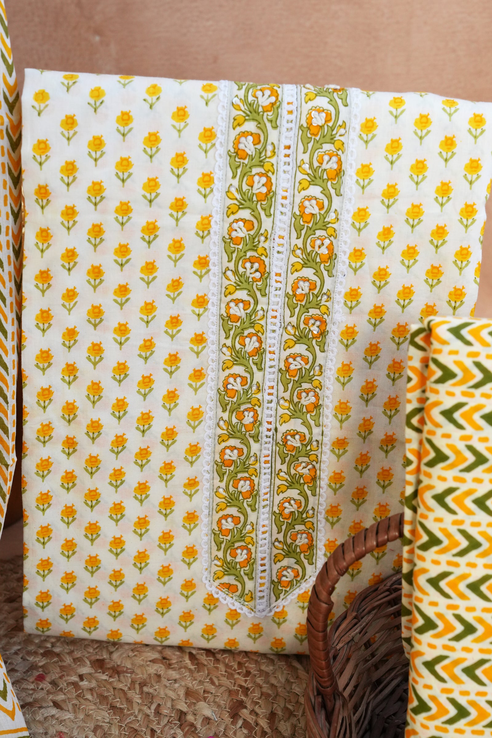 Sunshine Yellow Gotta Patti Handblock Cotton Unstitched Suit Set with Dupatta – Atharva Jaipurx