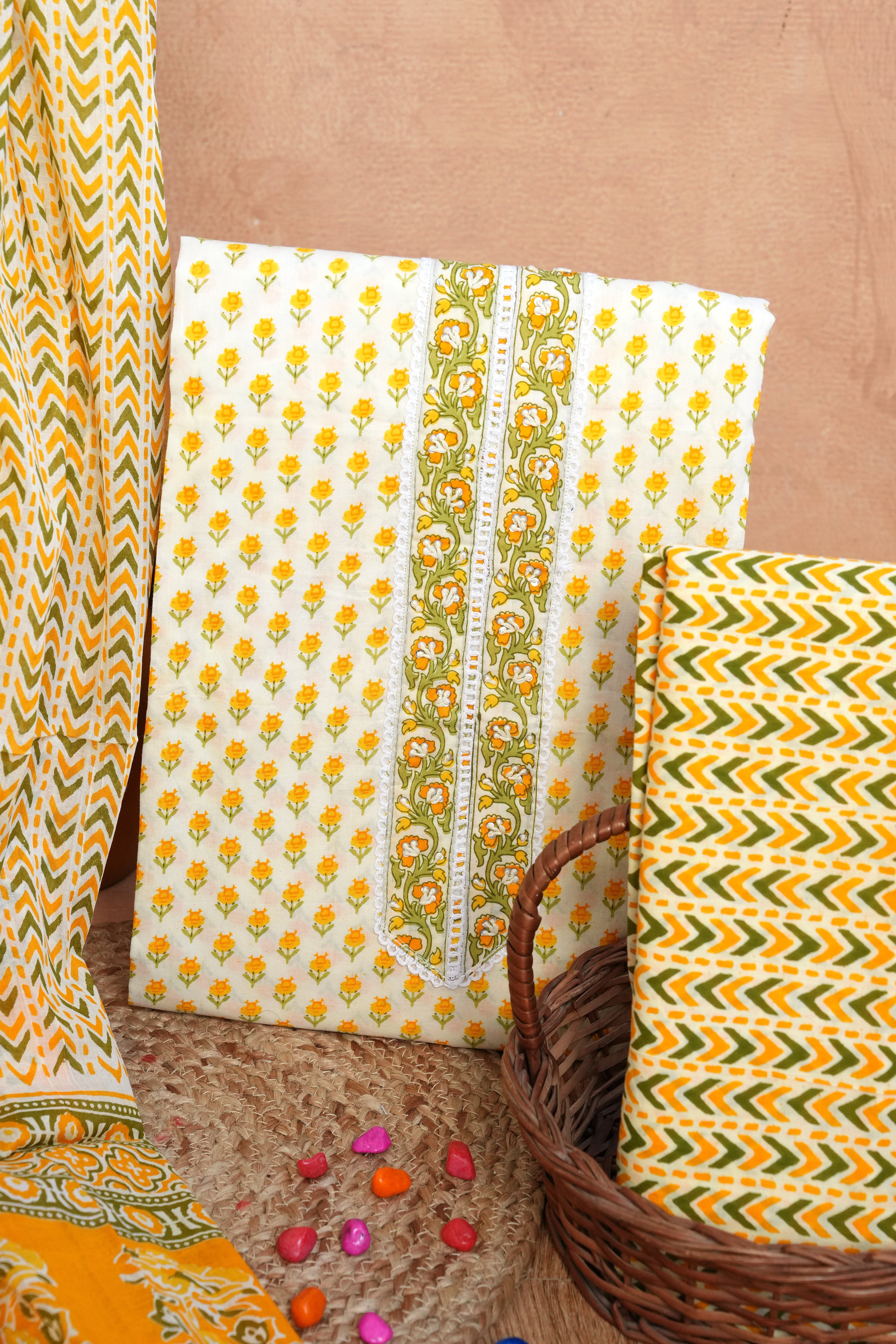Sunshine Yellow Gotta Patti Handblock Cotton Unstitched Suit Set with Dupatta – Atharva Jaipurx