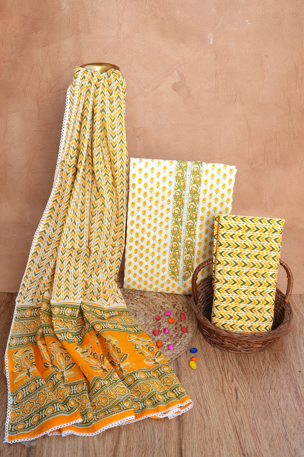 Sunshine Yellow Gotta Patti Handblock Cotton Unstitched Suit Set with Dupatta – Atharva Jaipurx
