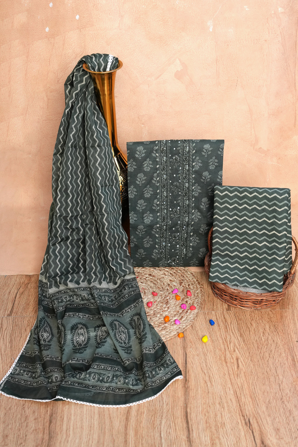 Charcoal Grey Gotta Patti Handblock Cotton Unstitched Suit Set with Dupatta – Atharva Jaipur
