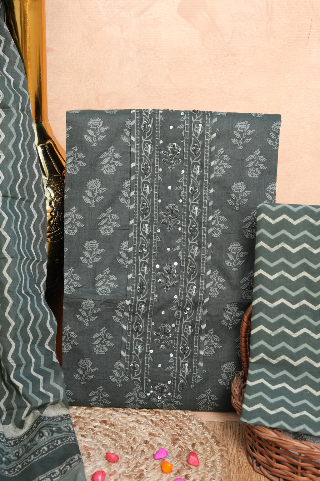 Charcoal Grey Gotta Patti Handblock Cotton Unstitched Suit Set with Dupatta – Atharva Jaipur